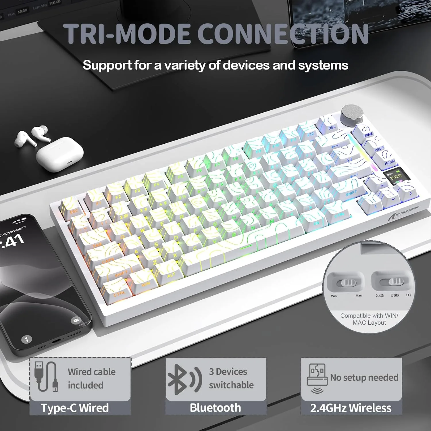 ATTACK SHARK X820 Ultra 75% Wireless Gaming Mechanical Keyboard Hot-Swappable Gasket Mount RGB Backlit BT/2.4G/Wired Custom Keyboard with Smart TFT Display&Knob QMK Driver-White Contour&Gift Switch