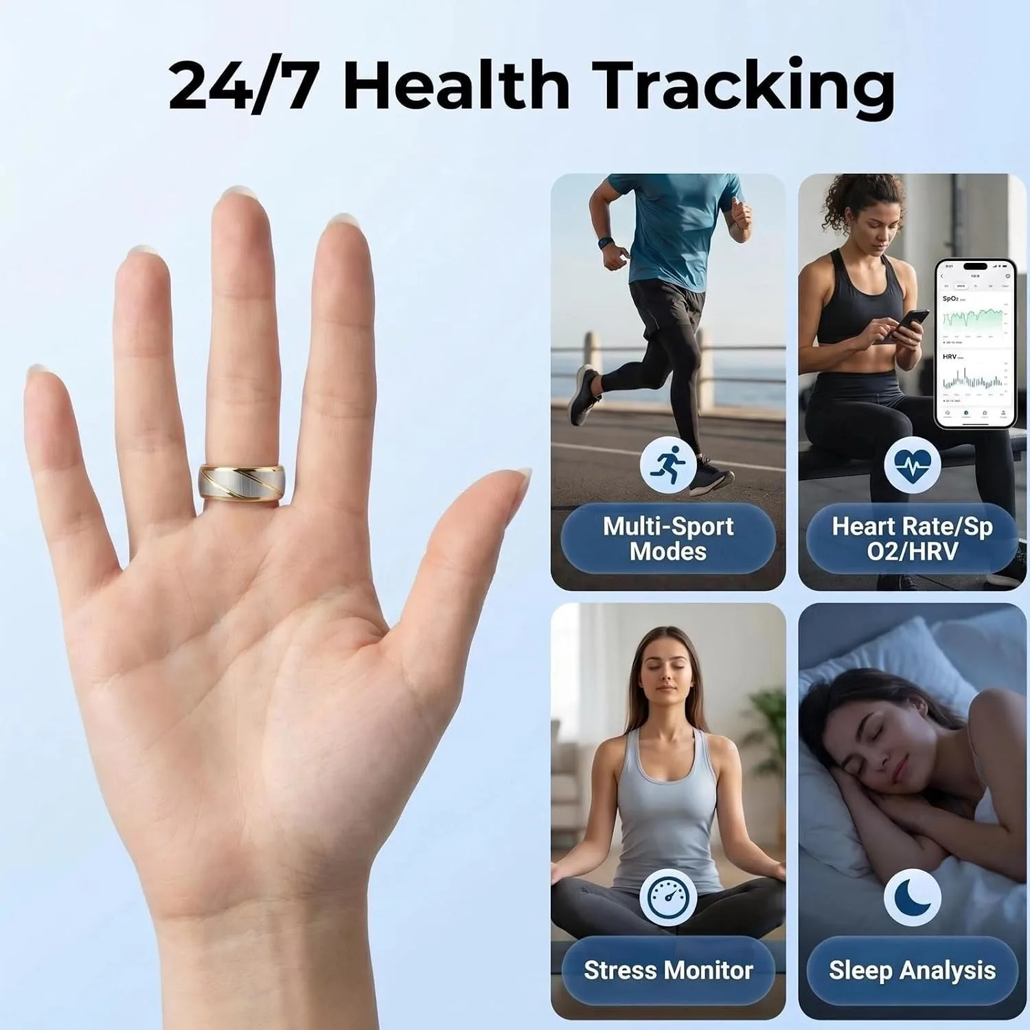 Smart Ring for Women Men, Two-Tone Gold Silver Health Tracker Ring with Sleep Heart Rate Blood Oxygen Monitor, Waterproof Titanium Smart Rings, Fitness Activity Tracker Ring for Sports Daily Wear #9