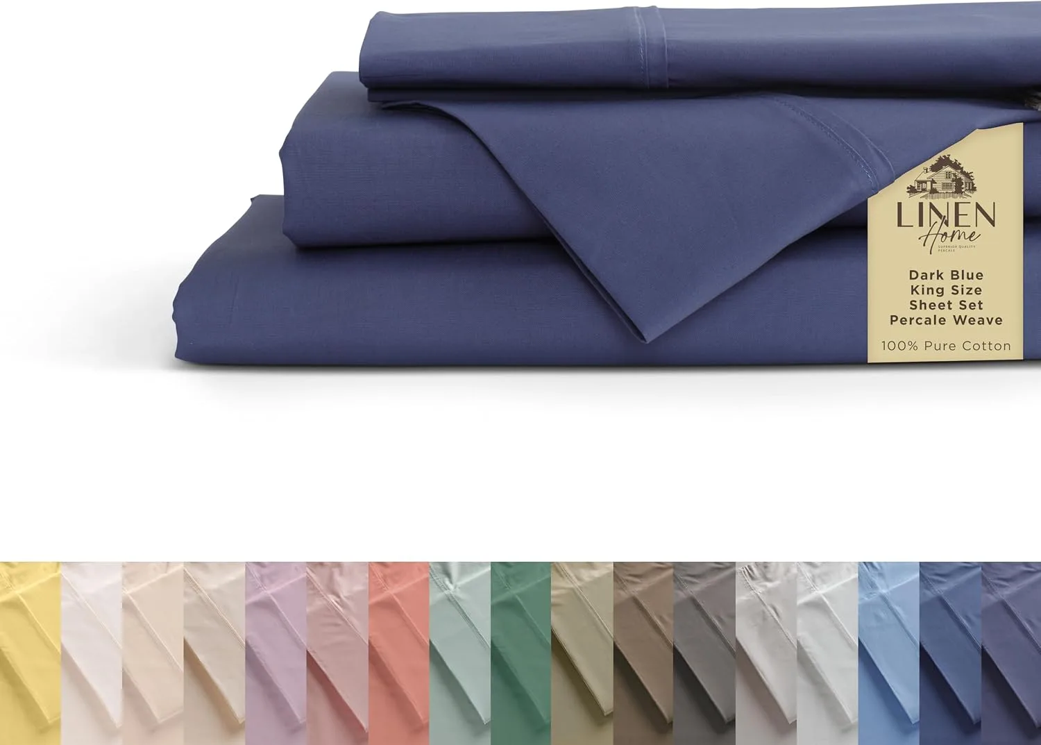 Linen Home 100% Cotton Percale King Sheets, 4 Pc Cooling Set - Dark Blue