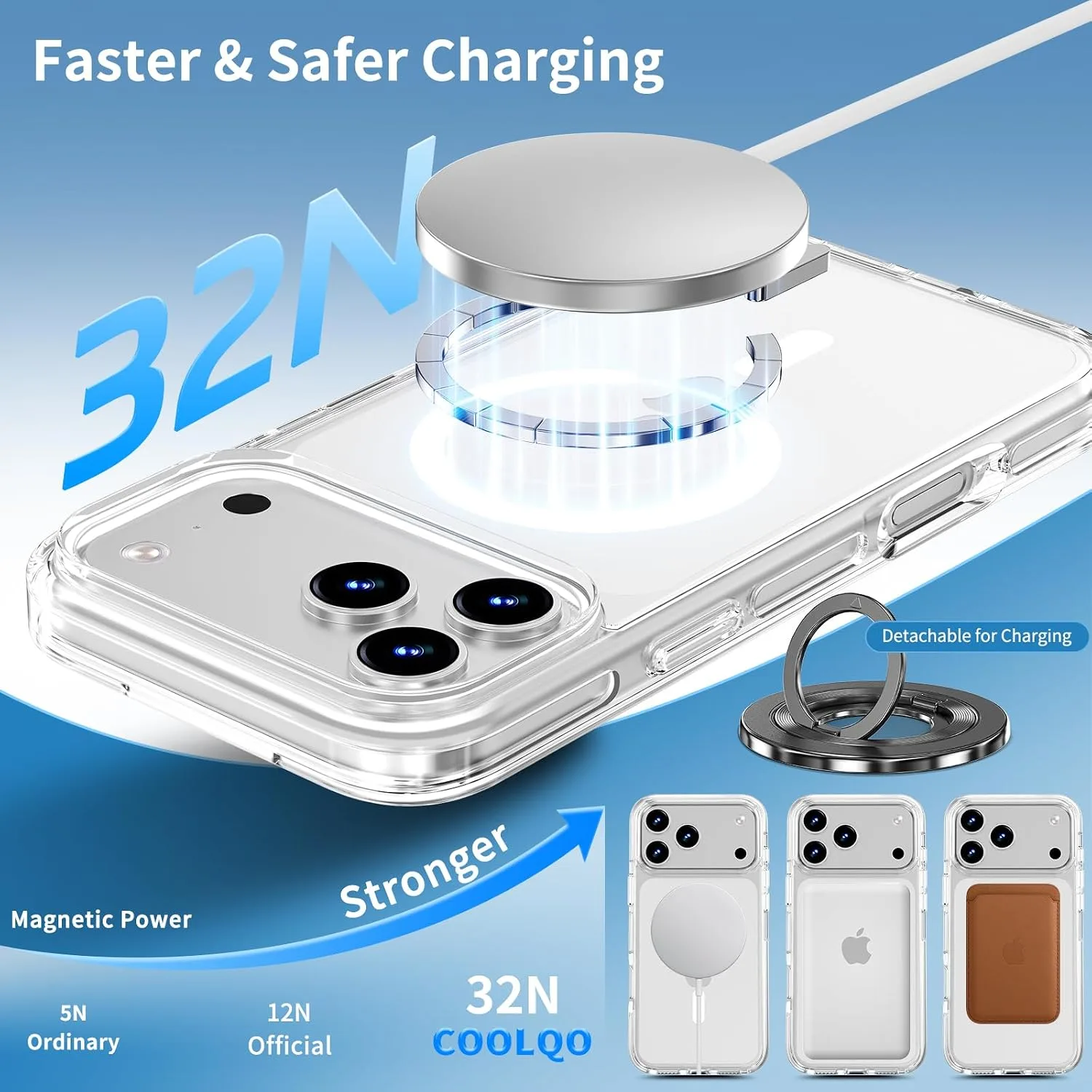 COOLQO for iPhone 18/17 Pro Max Case Clear 360 Spin Magnetic Black Stand