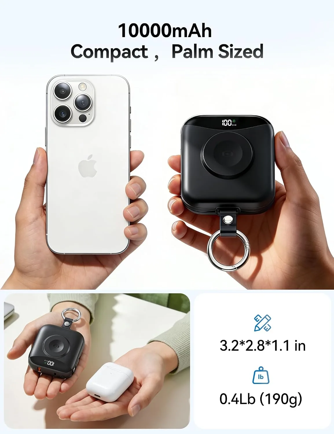 Portable Charger 10000mAh 22.5W Power Bank Built-in 2 Cables Keychain