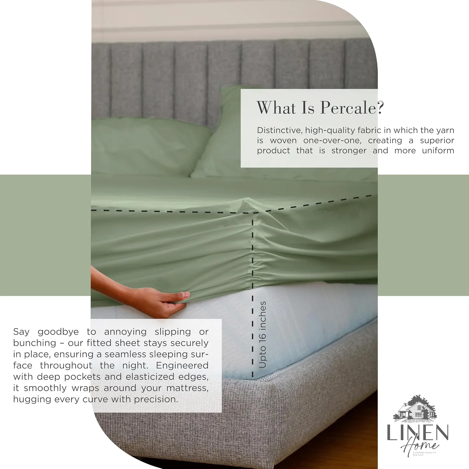 Linen Home 100% Cotton Percale King Sheets, 4 Pc Cooling Set - Oil Green
