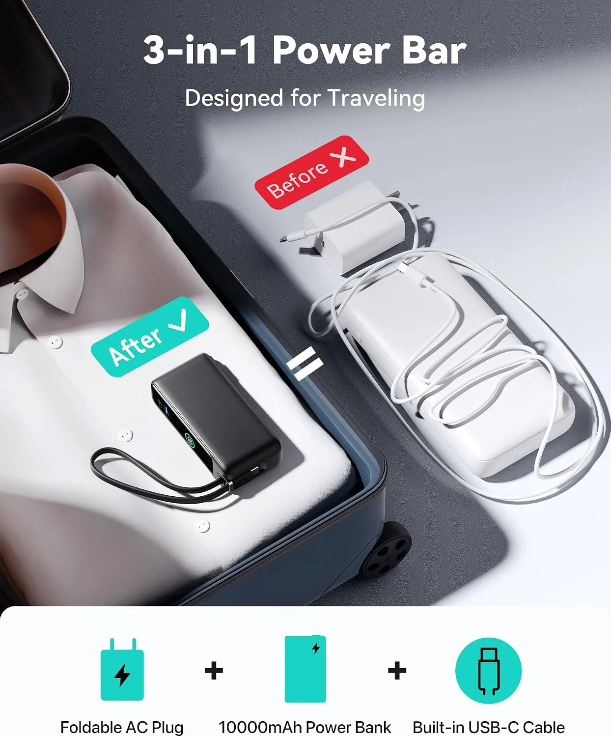 INIU 3-in-1 Portable Charger, Small 10000mah 30W Fast Charging Power Bank with Built-in USB C Cable and Foldable AC Plug, Flight Family Travel Essentials for College Students Teen Boys Girls, Purple