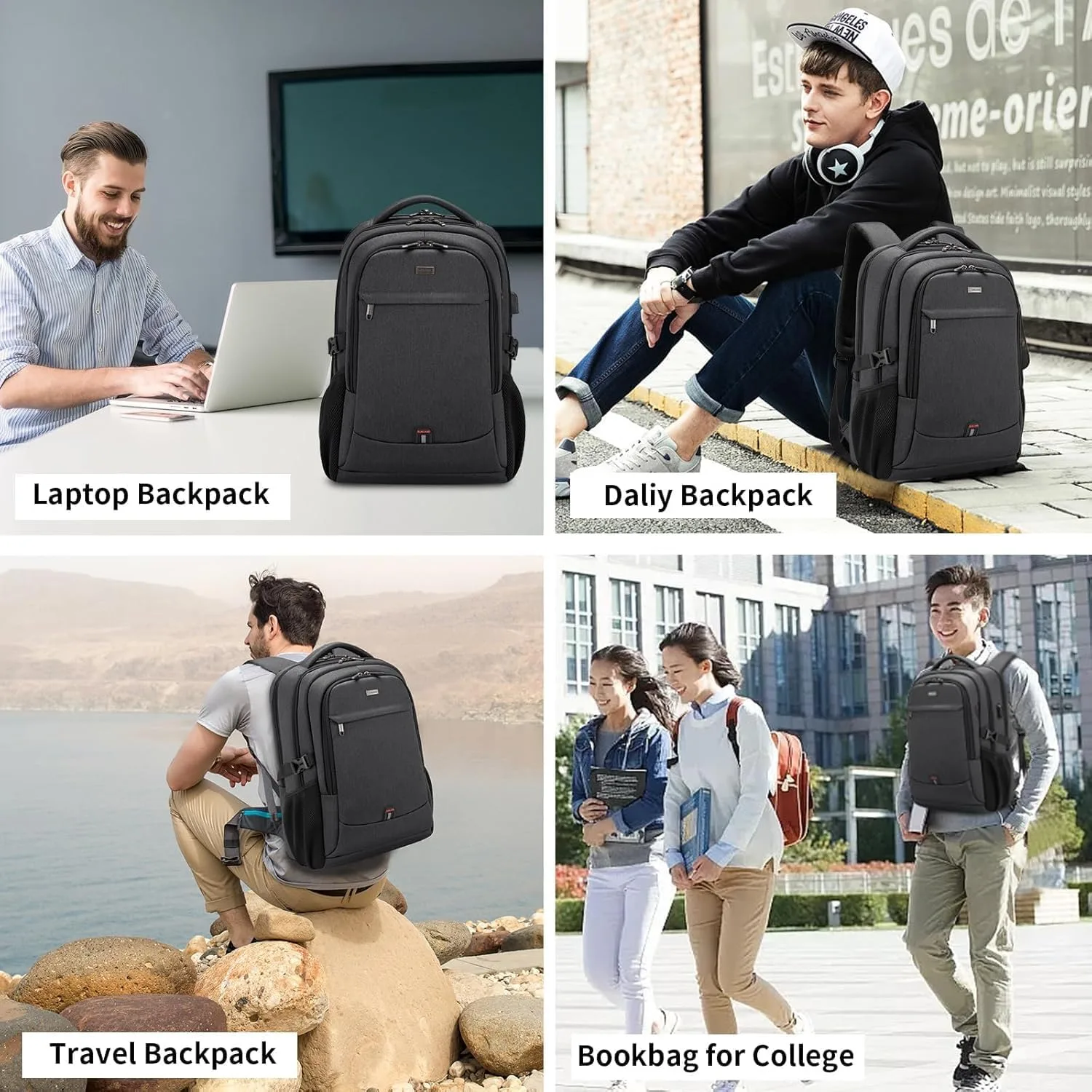 DUSLANG 17 Inch Laptop Backpack for Travel Water Resistant College Bookbag for Men/Women Laptop Bag with USB Charging Port and Tablet Sleeve Bag Compatible Protective Case, Black