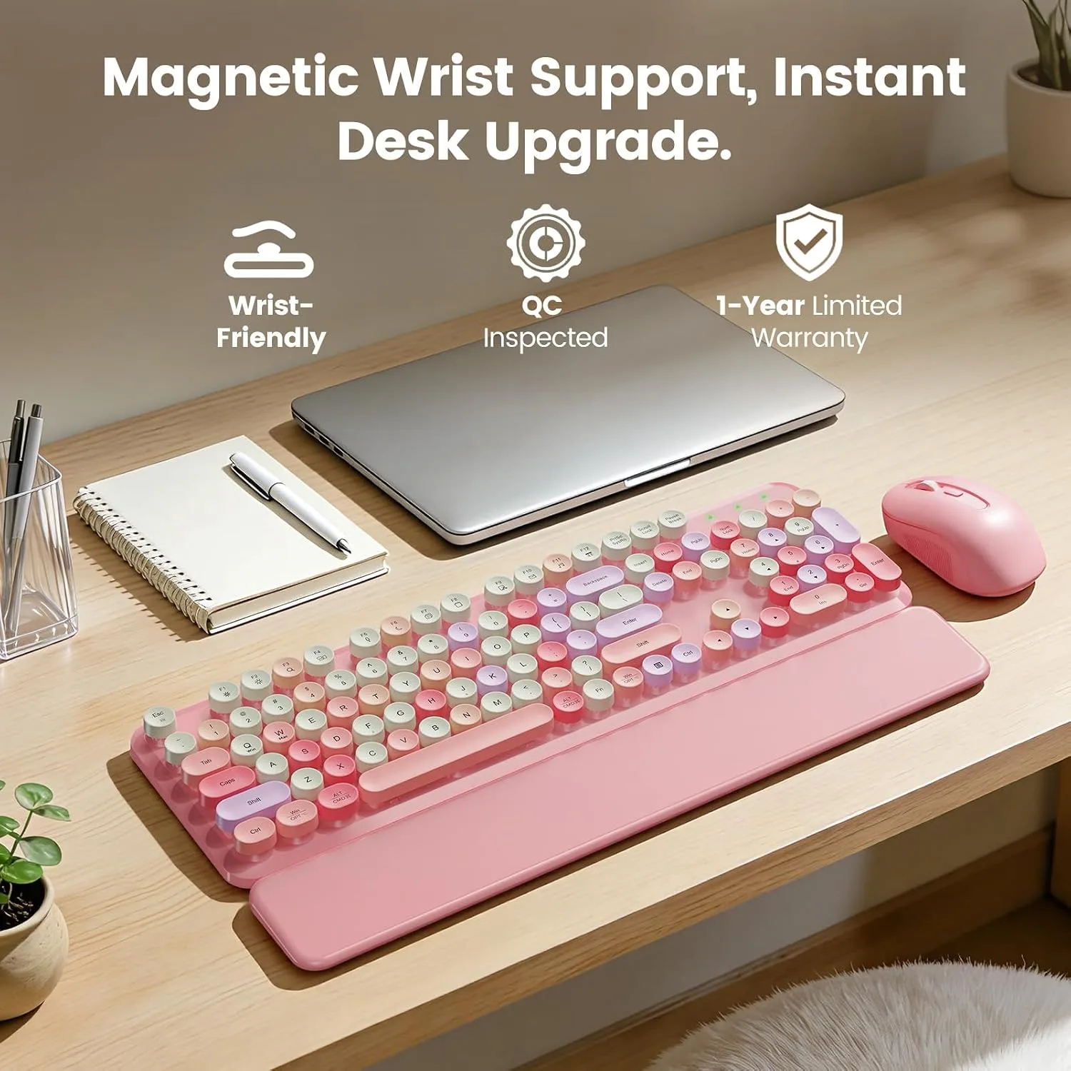 Wireless Keyboard and Mouse Combo, Magnetic Wrist Rest, Round Keycaps, Pink