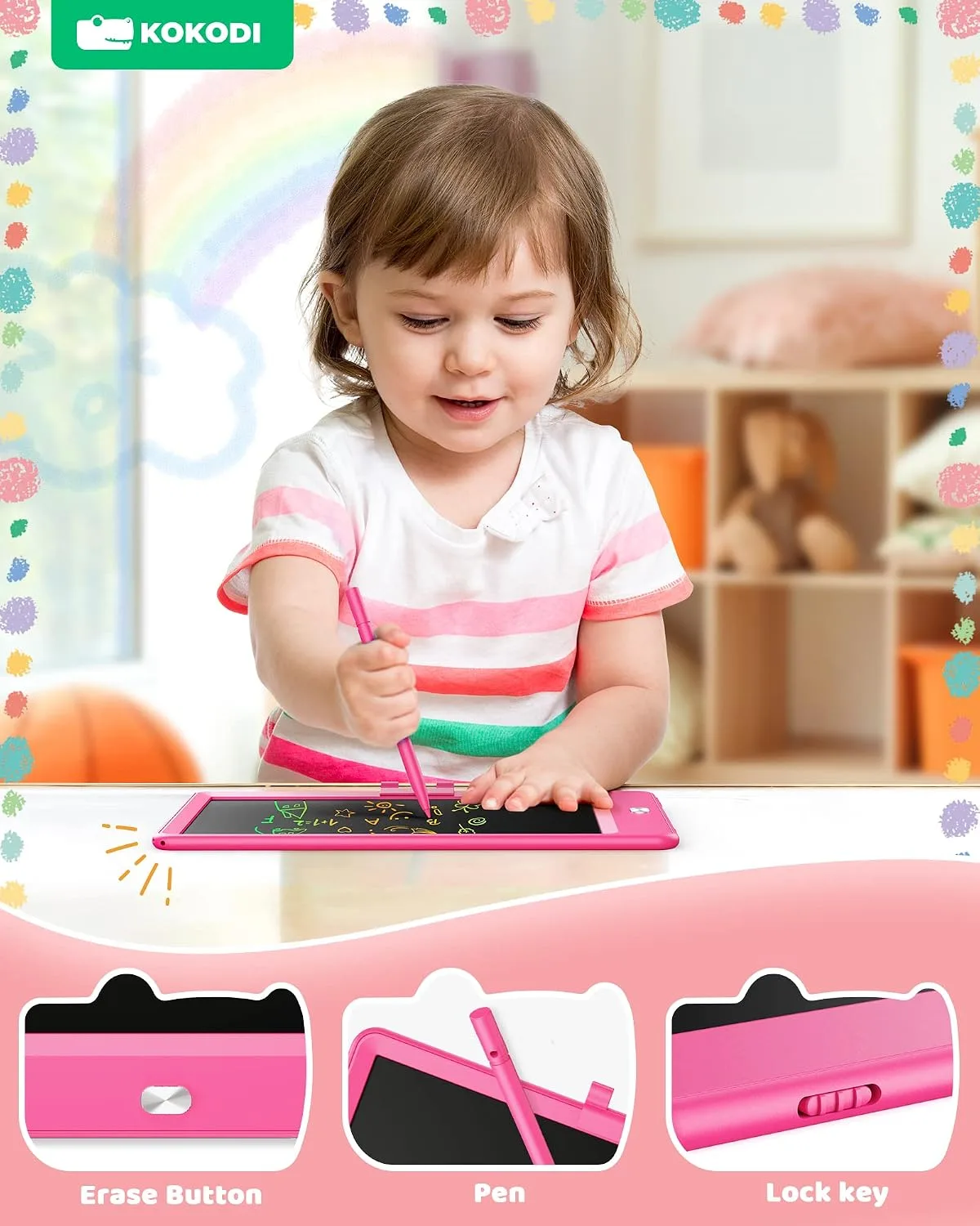 KOKODI LCD Writing Tablet, 8.5 Inch Toddler Doodle Board Drawing Tablet, Erasable Reusable Electronic Drawing Pads, Educational and Learning Toy for 3-6 Years Old Boy and Girls