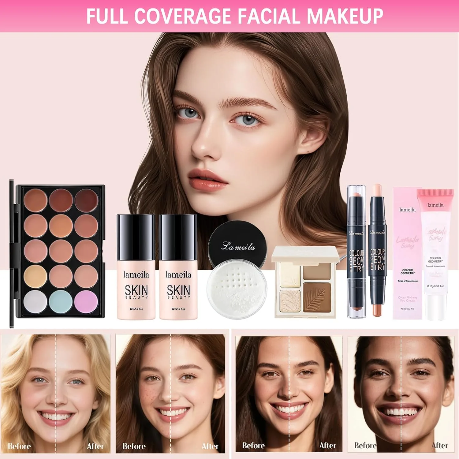 All in One Makeup Kit for Women Full Kit, Makeup Gift Sets for Women Teens Girls, Makeup Essential Bundle Includes Eyeshadow Palette Foundation Eyeliner Contour Stick Lip Gloss Cosmetic Brush Set