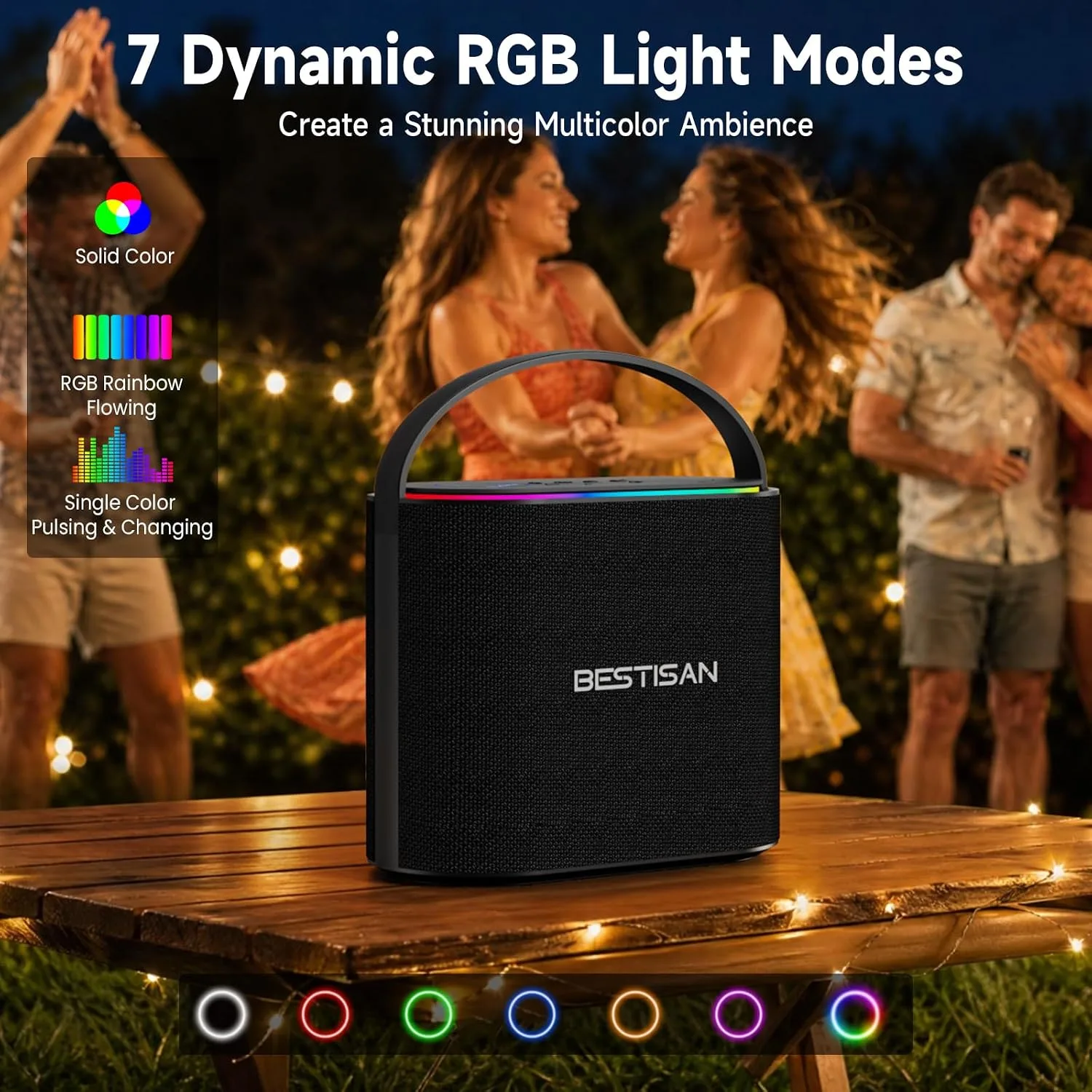 BESTISAN Bluetooth Speaker, 2.1CH 90W Stereo Sound, Built-in 50W Subwoofer, Upgraded 7 RGB Lights, TWS, 15H Play Portable Speaker, Deep Bass, Hands-Free Calling for Party, Camping, Travel, Garage