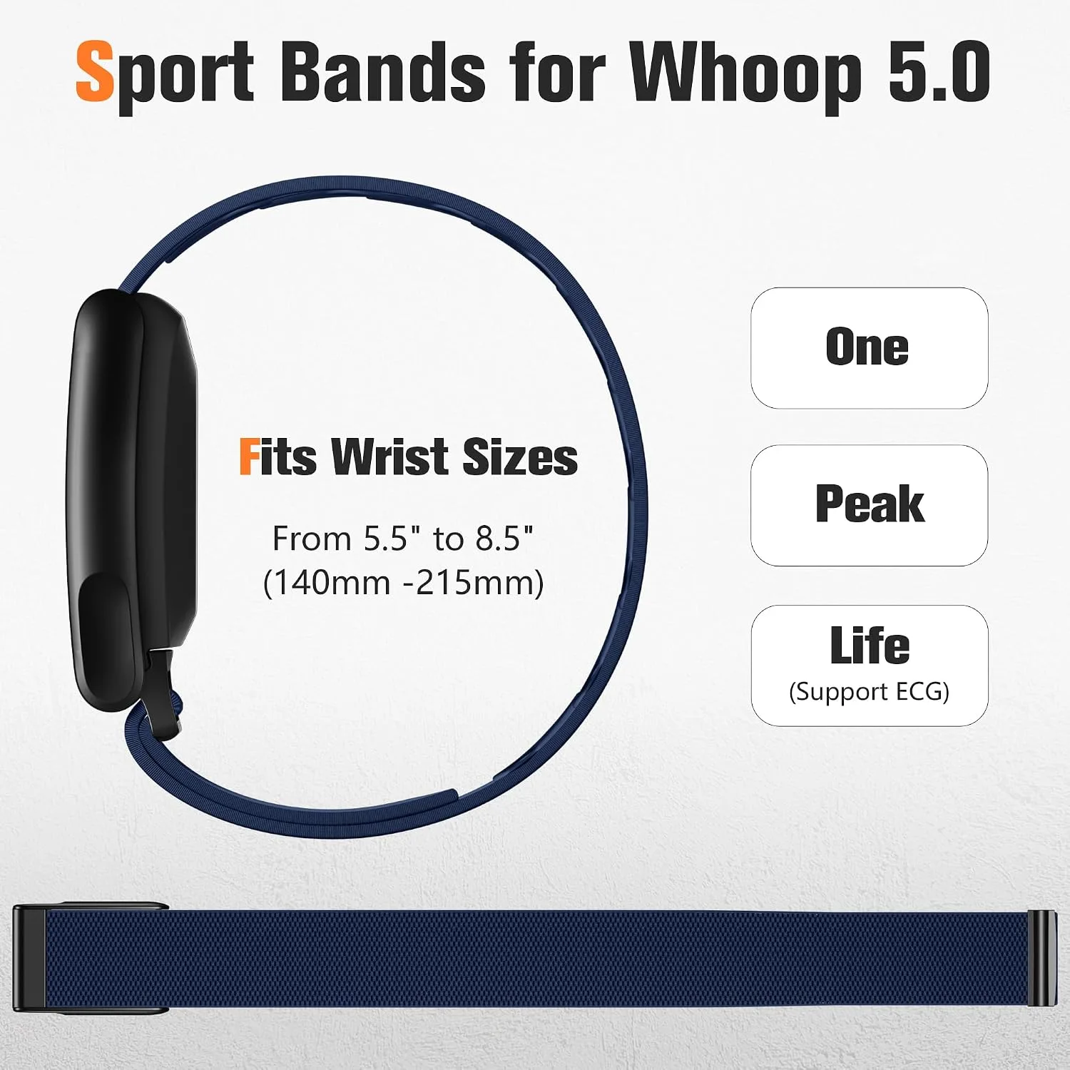 Getino Sport Band Compatible with Whoop 5.0 Bands One, Peak and Life/MG, Breathable Adjustable Elastic Replacement Soft Nylon Strap Accessories for Whoop Band 5.0 Fitness Tracker, Navy