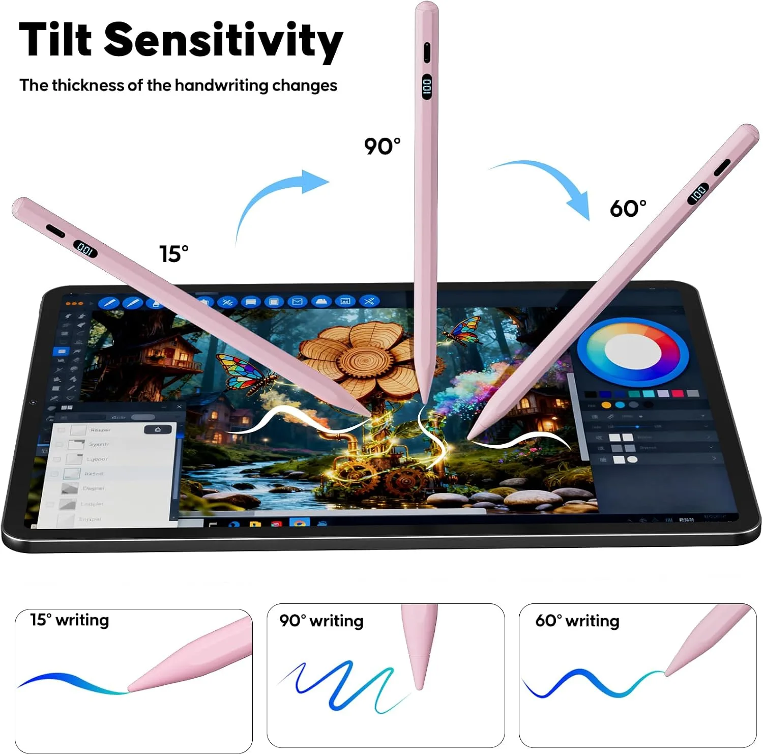 A-PCE iPad Pencil 2018-2026, Fast Charging Stylus with LED Display, Pink