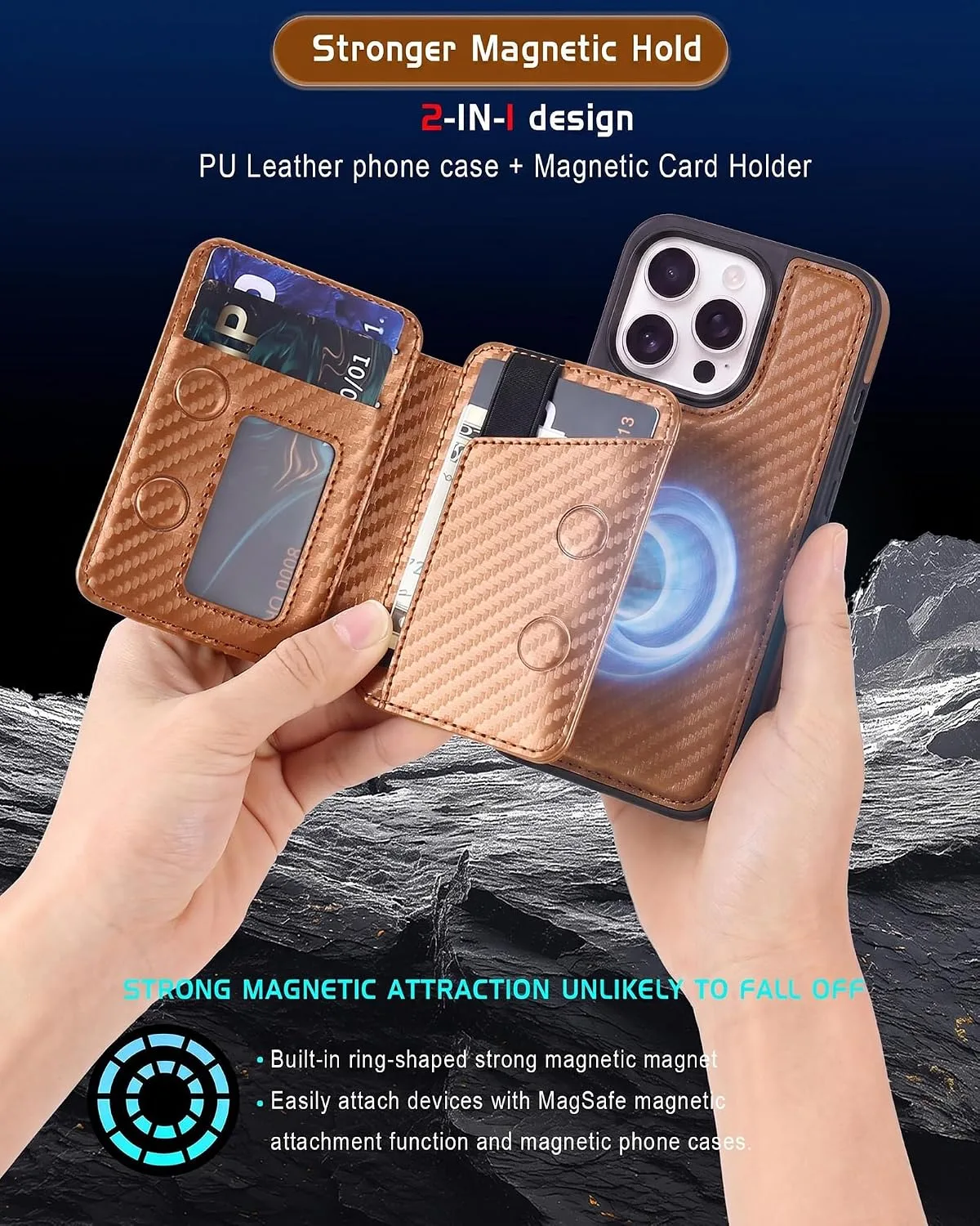 Magnetic Detachable Wallet Case for iPhone 16 Pro with Kickstand,2-in-1 MagSafe Compatible RFID Blocking Card Holder,Slim PU Leather Cover Carbon Coffee