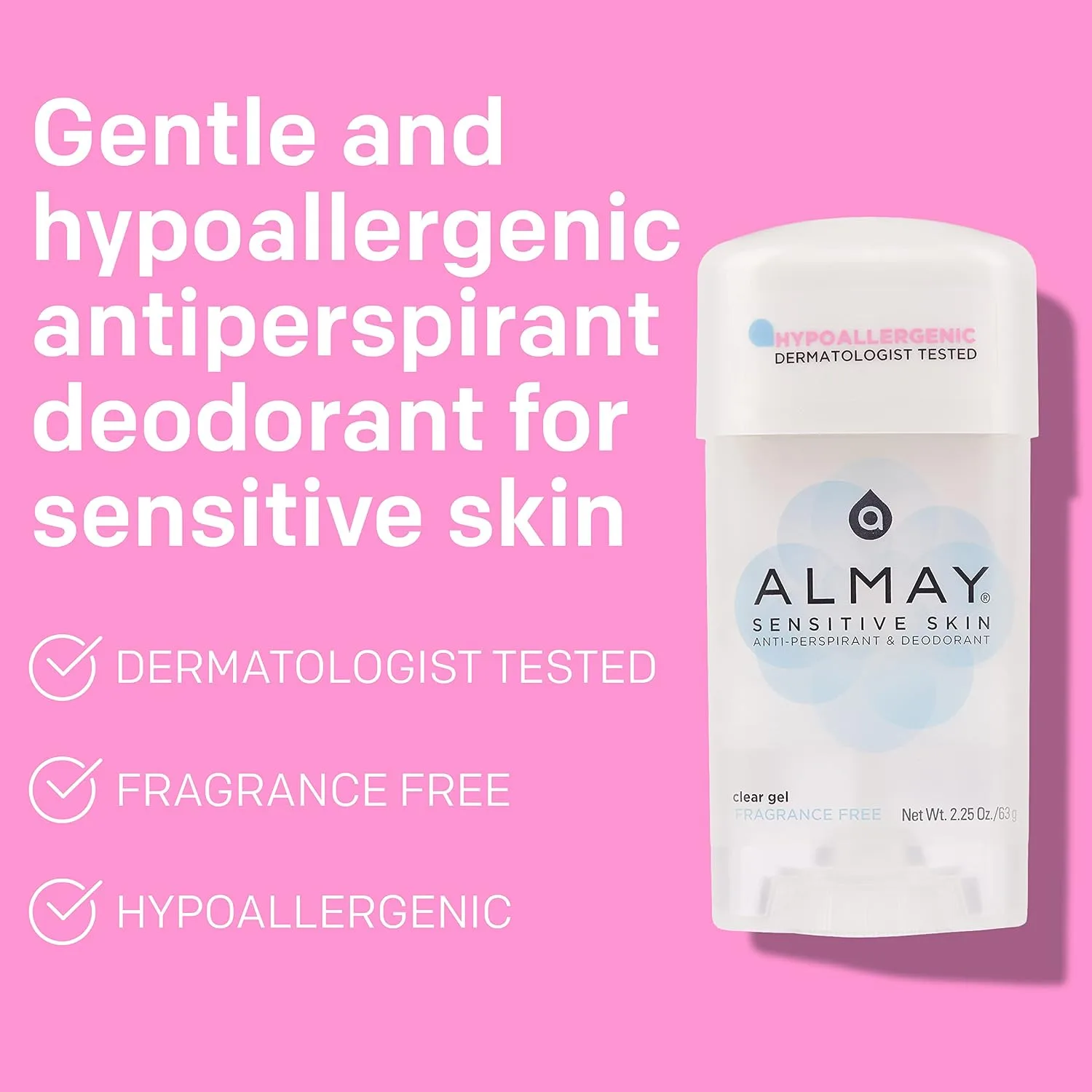 Almay Clear Gel Deodorant and Antiperspirant, Fragrance Free, 2.25 oz