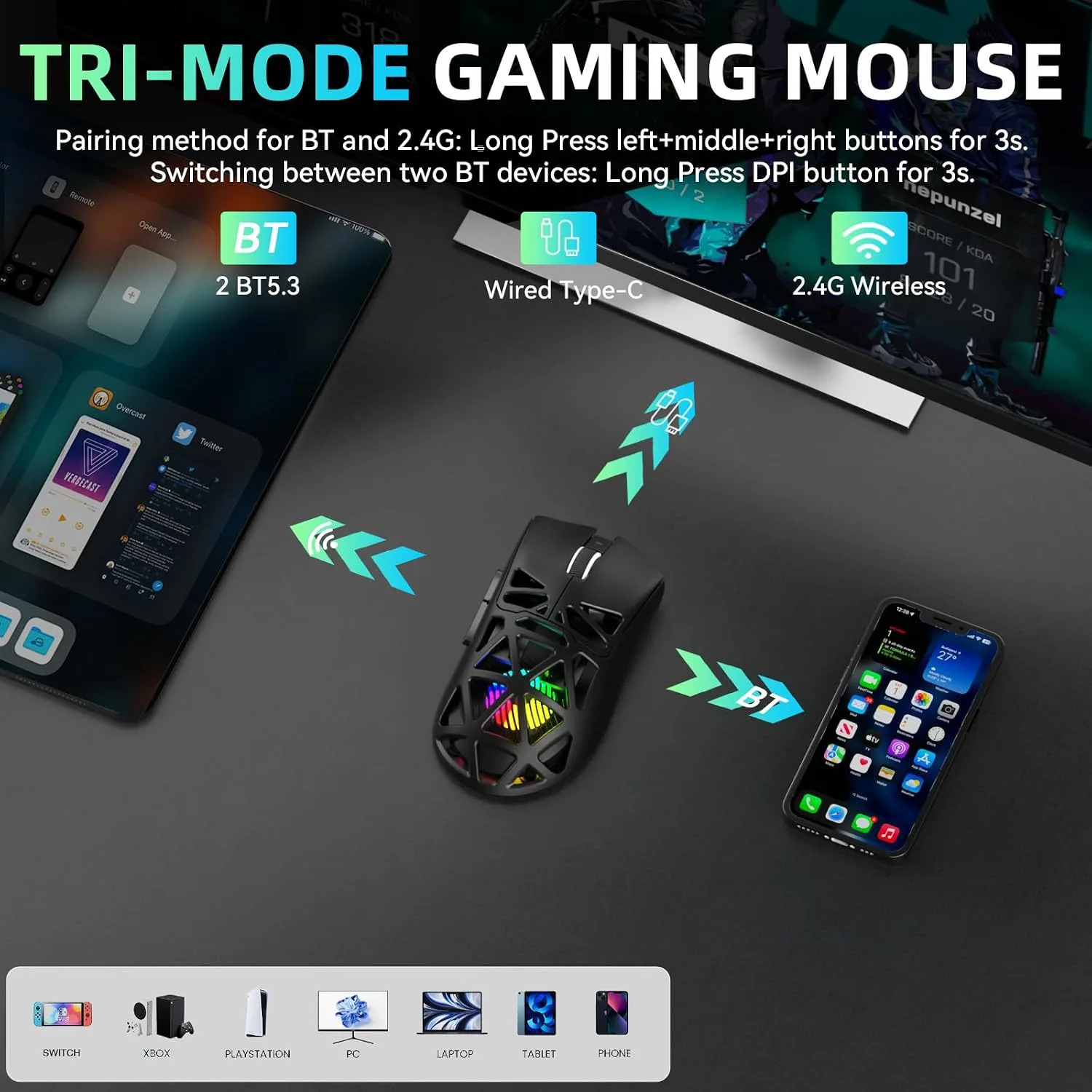 Aula SC620 Wireless Gaming Mouse, Tri-Mode 2.4GHz/USB-C/BT5.3 Computer Mouse with 12000 DPI, Programmable Macro Gamer Mouse with Rapid Fire Key, RGB Light Gaming Mice for PC/Laptop/Mac(Black)