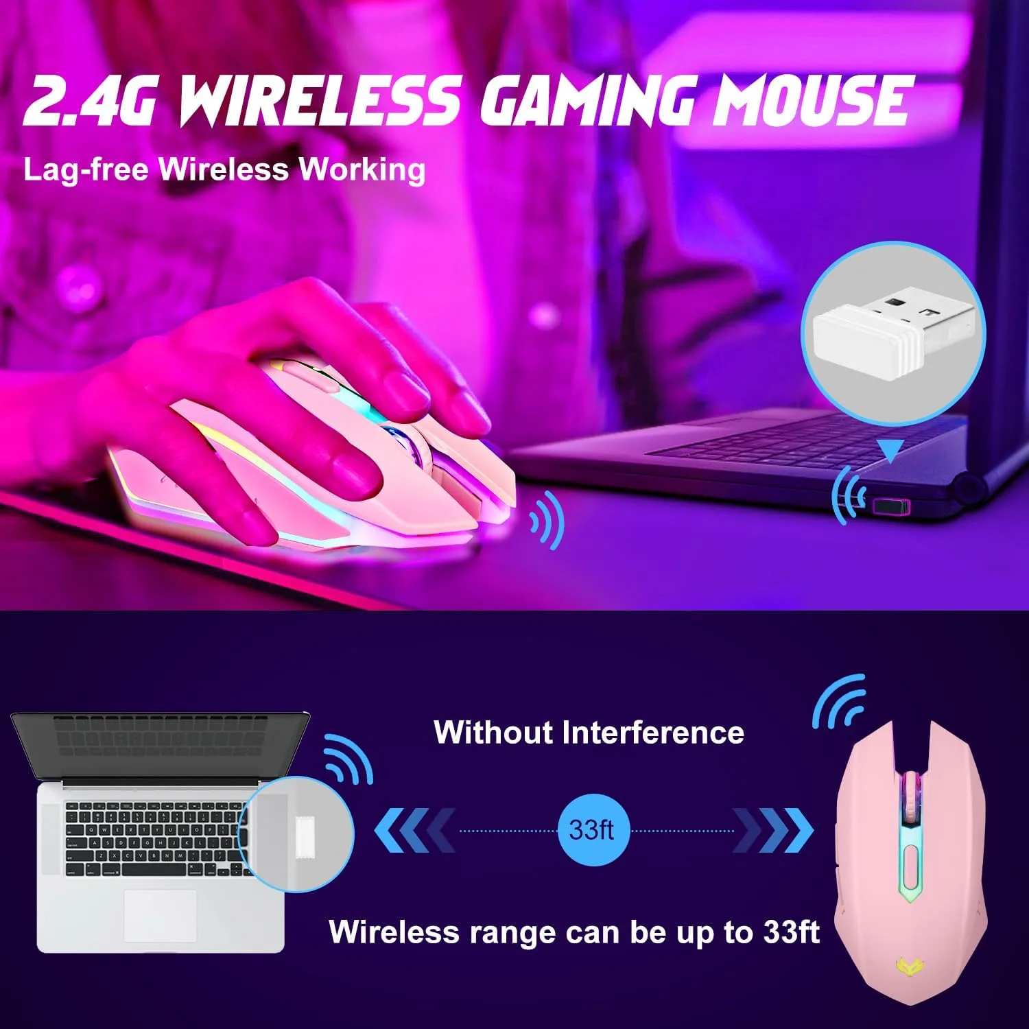 Wireless Gaming Mouse, Rechargeable Computer Mouse, 7-Color LED Light, Ergonomic Mouse with 6 Silent Click Buttons, 3 Adjustable 2400 DPI Wireless Mouse for Laptop,PC,Mac, Pink