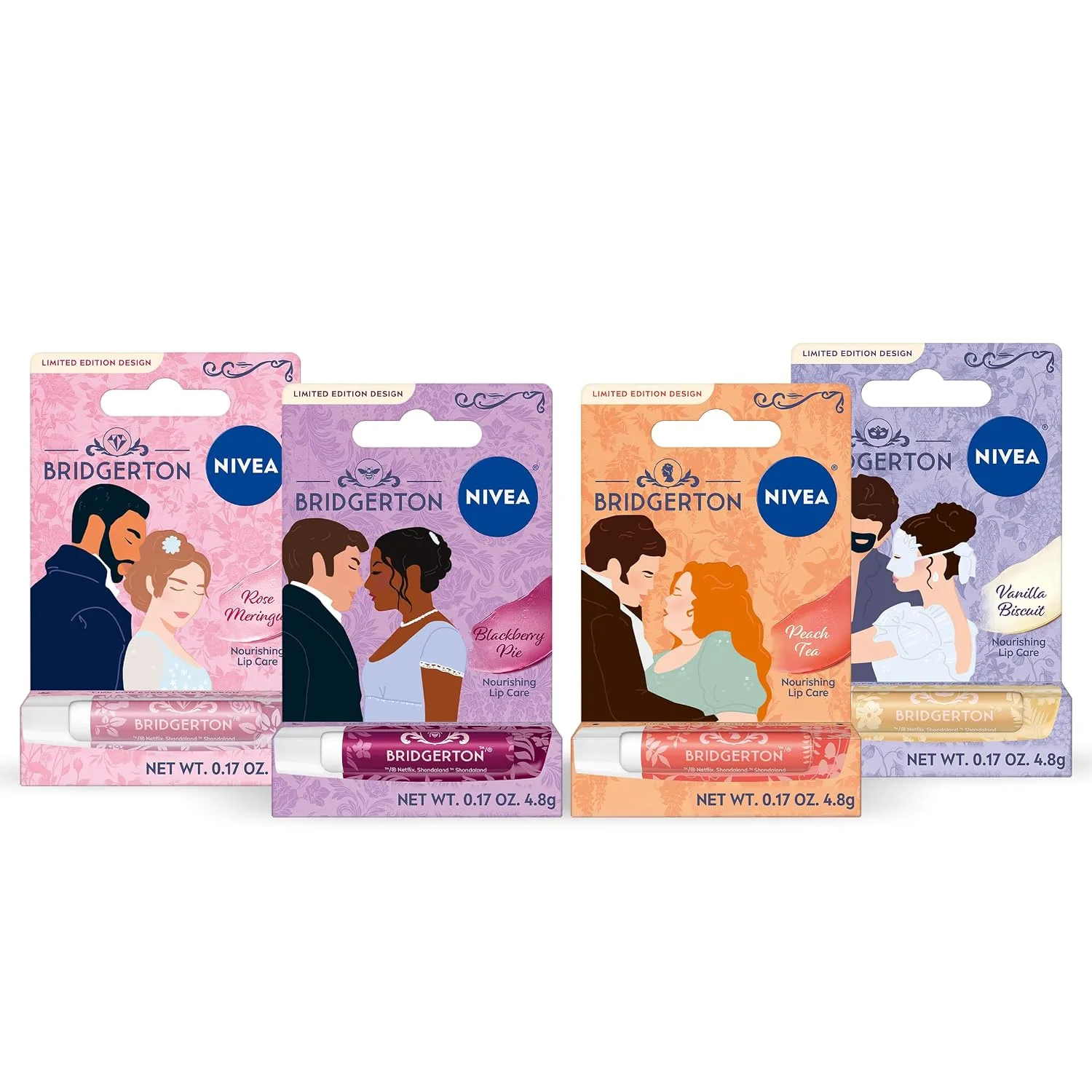NIVEA Lip Care, Bridgerton Design Lip Balms, Variety Pack, 4 x 0.17 OZ