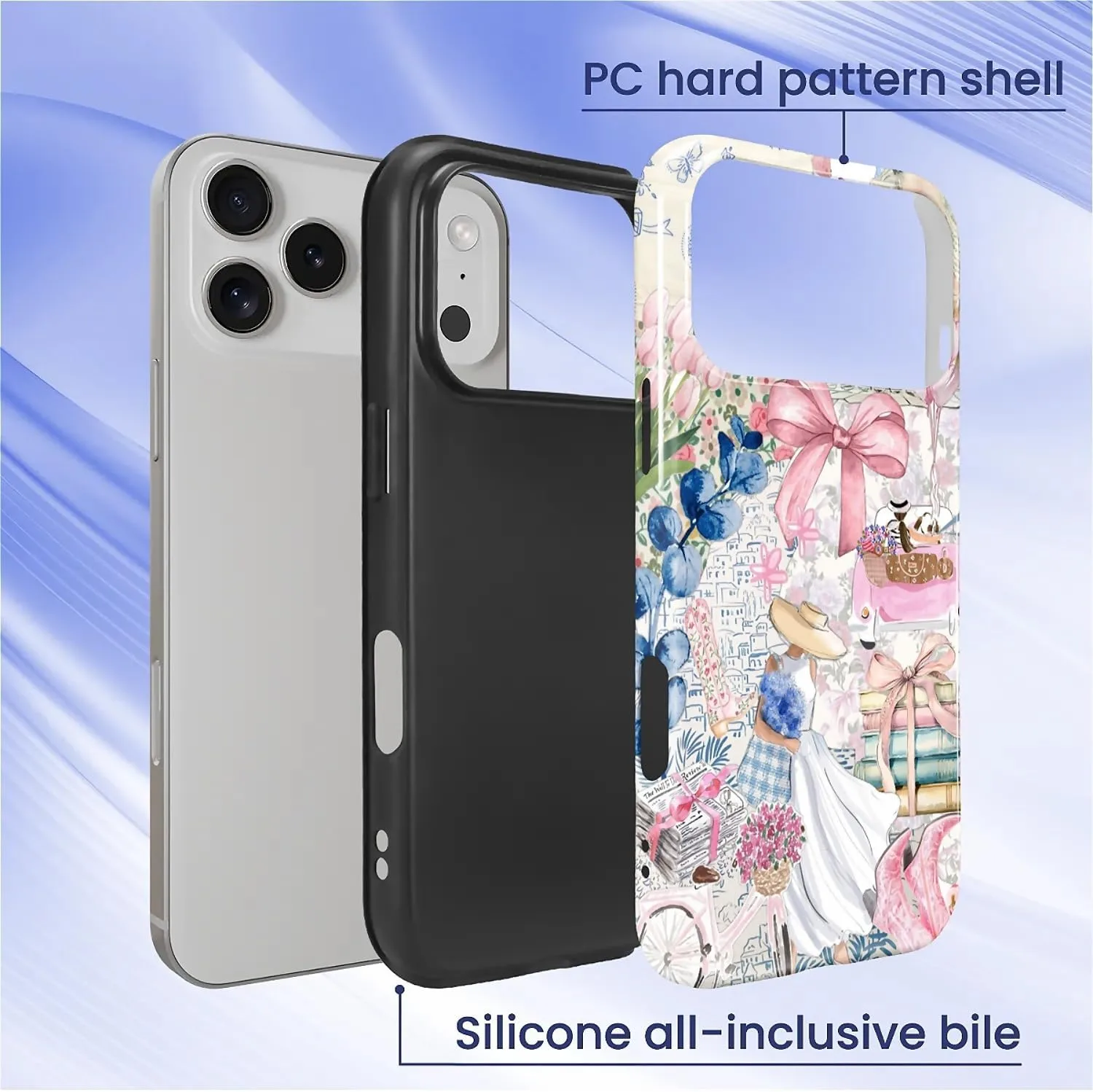 DAIZAG Case for iPhone 17 Pro,Mixed 2 Layer Design Shockproof Soft TPU Ddouble Protection Phone Case for iPhone 17 Pro-Magazine Books Flower Bow Collage