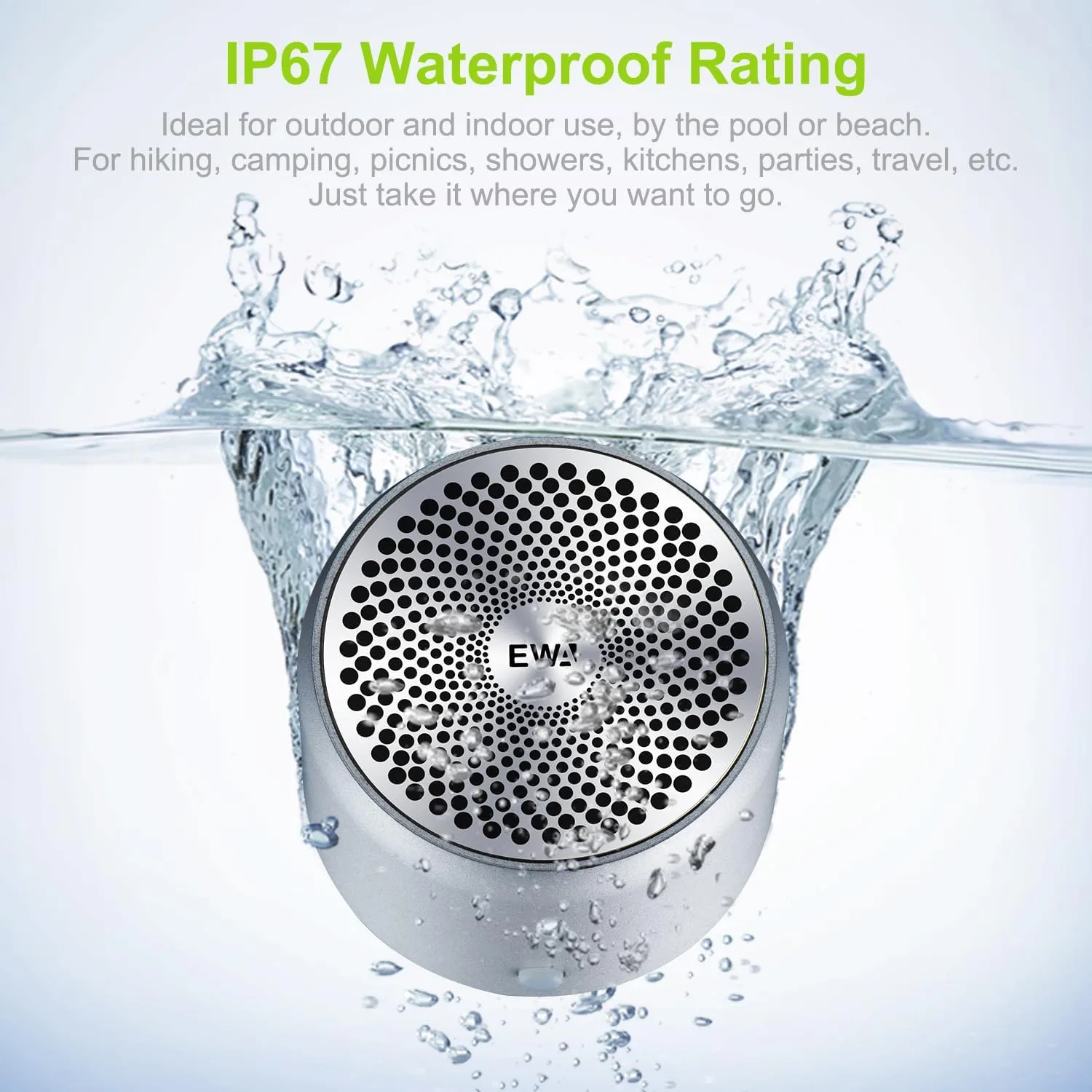 Travel Case Packed, Wireless Mini Bluetooth Speaker with Custom Bass Radiator. EWA A106, Small But Loud, The Next Generation of Portable Speakers for Home, Outdoors, Shower (Silver)1.89* 1.57 inches
