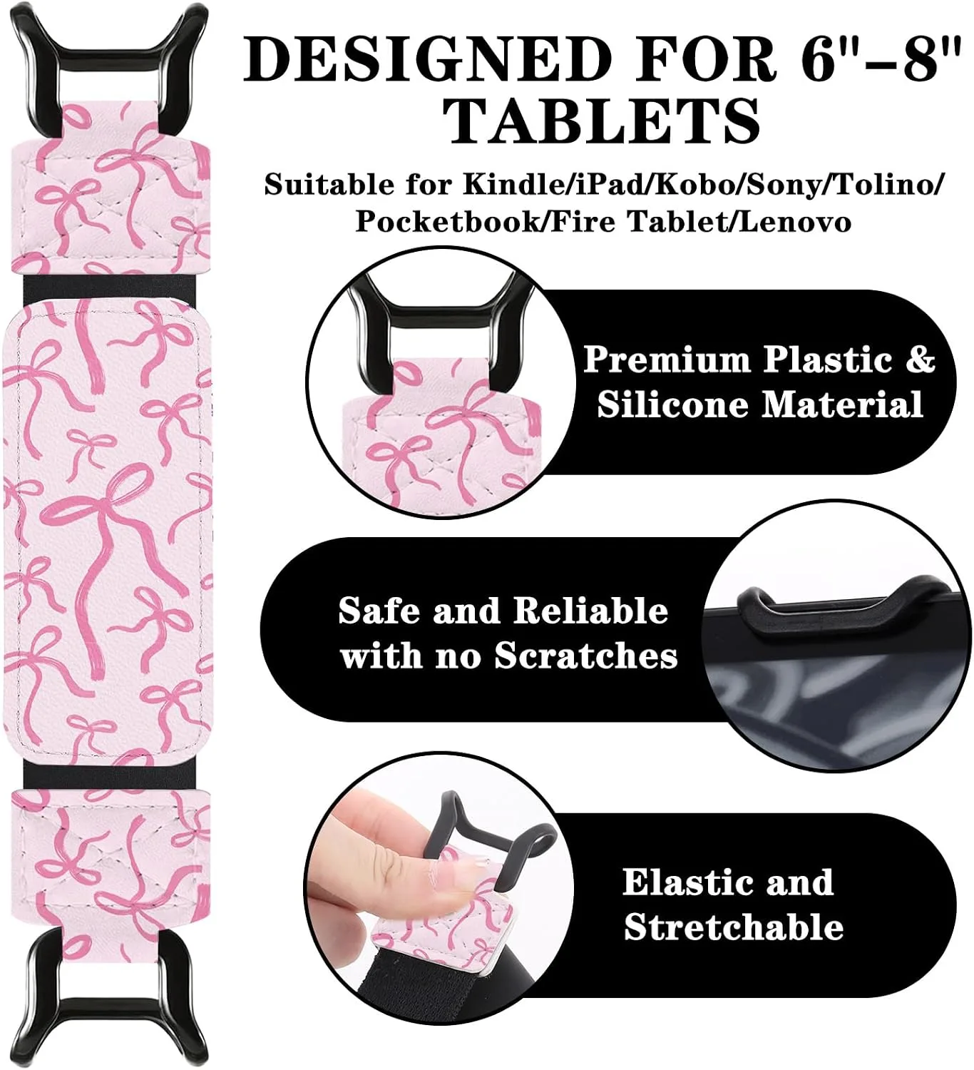 Hand Strap Accessories for Kindle - Pink Bow Finger Grip for 6-8" Paperwhite 11th/12th Generation/Kobo/Sony/Lenovo/Fire Ereader E-Book Tablet Lightweight High Elasticity Holder for Reading