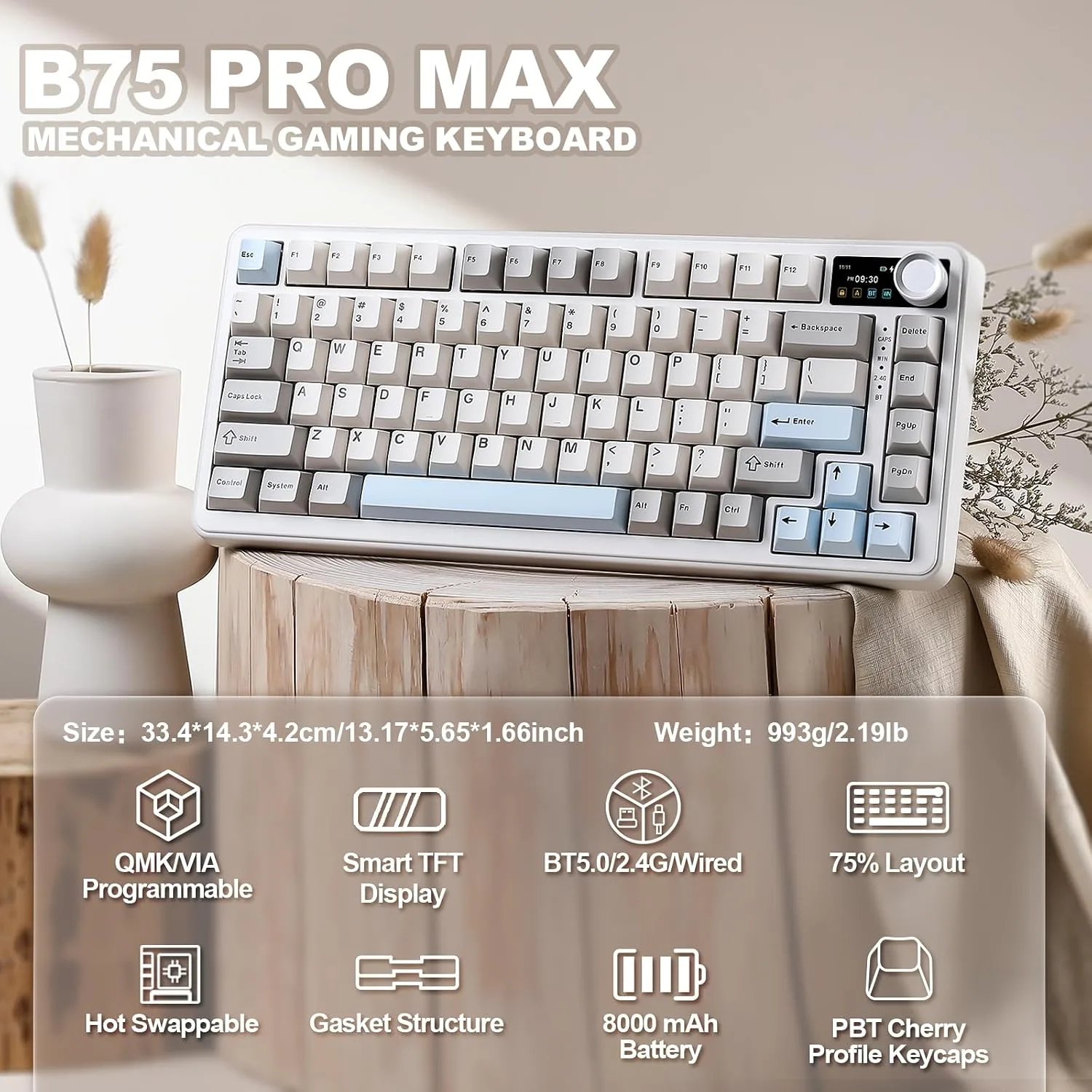 YUNZII B75 PRO MAX 75% Mechanical Keyboard (Beige,Milk Switch)