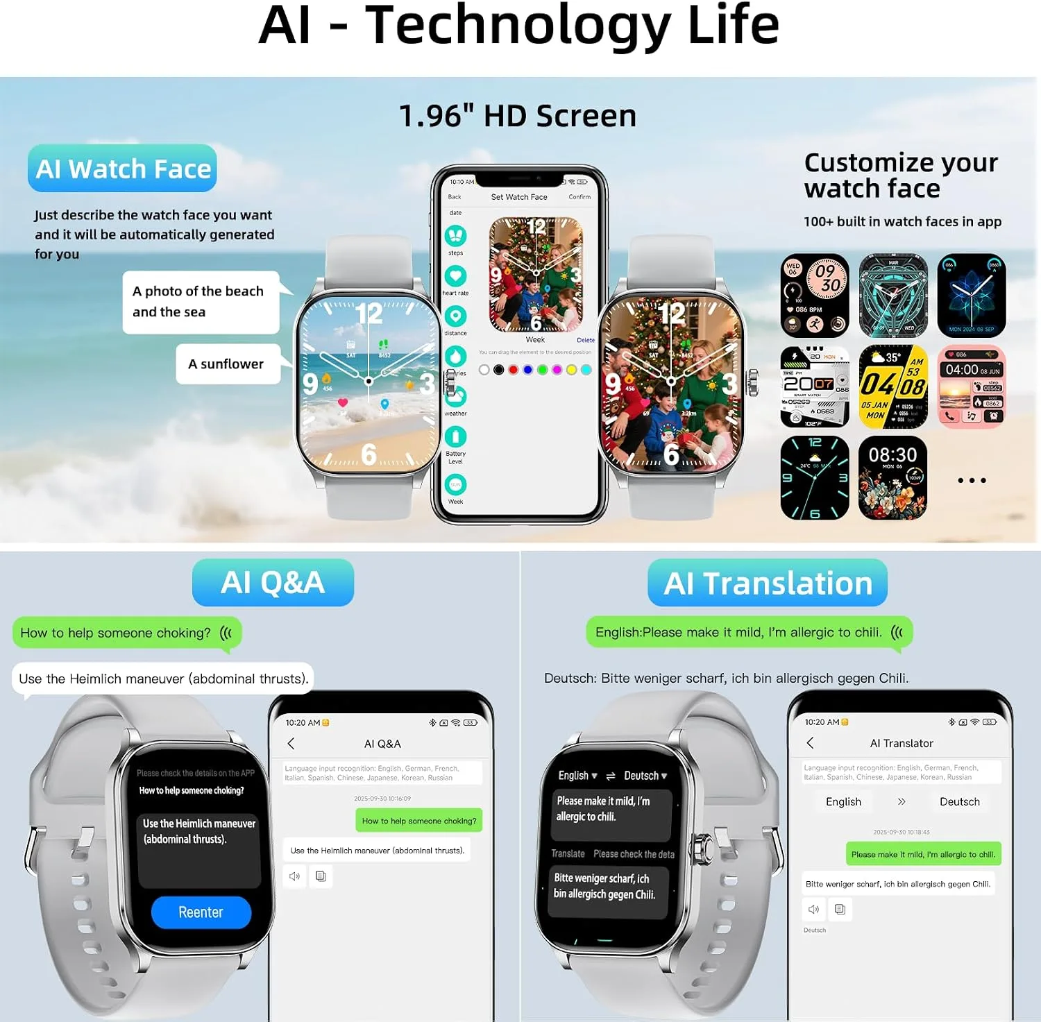 Smart Watch, GPS & Free Maps, 1.96" HD Screen, AI, Bluetooth Call & Text