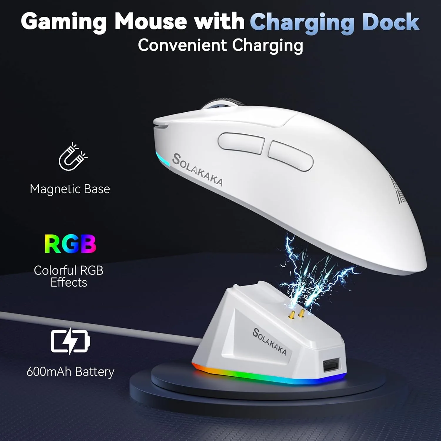 SOLAKAKA SM822 Wireless Gaming Mouse with Charging Dock, Tri-Mode Wireless Mouse, PAW3311 Optical Sensor, Up to 24,000DPI, 62g Lightweight Mouse with 5 programmable Buttons, for PC, Laptop (White)