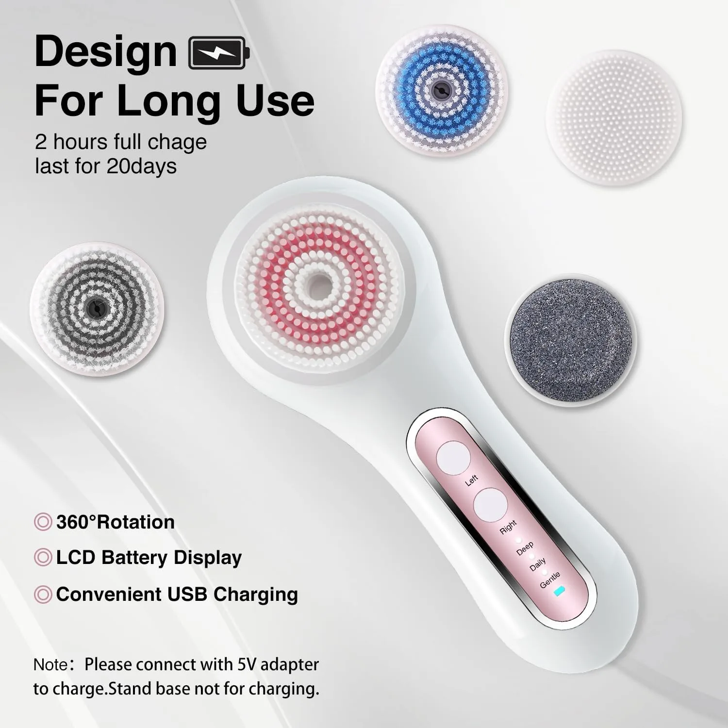 UMICKOO Electric Facial Cleansing Brush, 2-Way Rotating Face Scrubber for Daily & Deep Cleaning, 3 Modes, 5 Brush Heads, Rechargeable, IPX7 Waterproof for All Skin Types