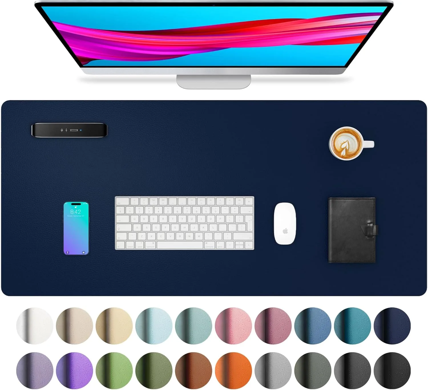 Aothia Leather Desk Pad Protector, Mouse Pad, Office Desk Mat, Non-Slip PU Leather Desk Blotter, Laptop Desk Pad, Waterproof Desk Writing Pad for Office and Home (Dark Blue,23.6" x 13.7")