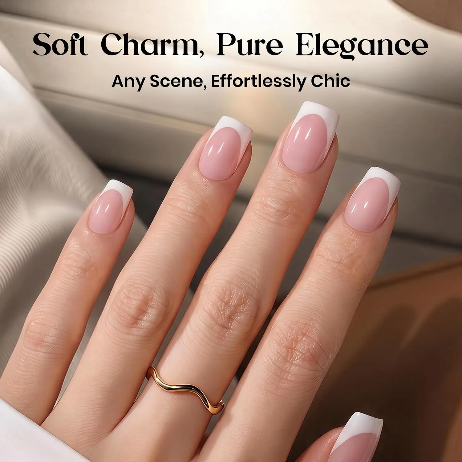 Beetles Pink French Tip Press on Nails - Short Square, 64 PCS 16 Sizes