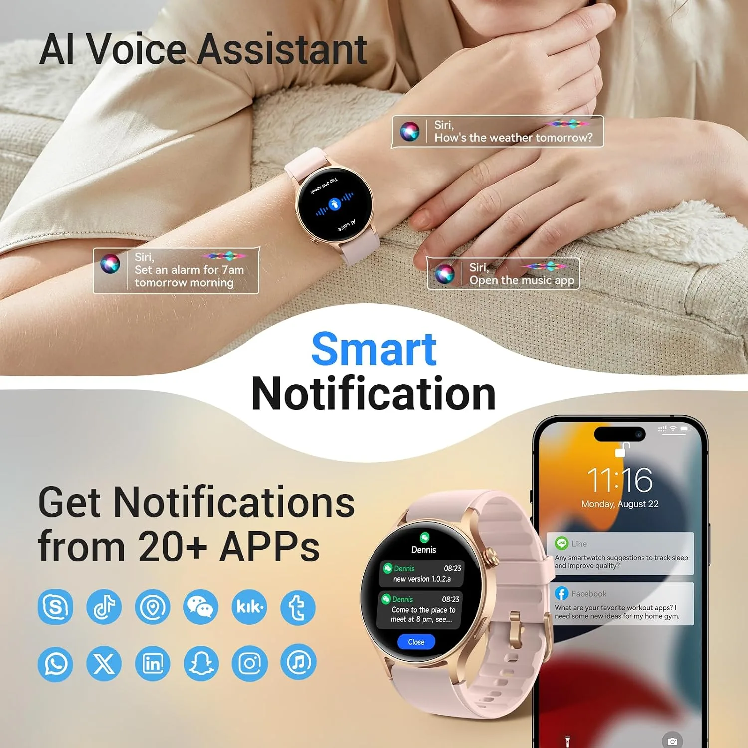 Fitpolo Smart Watch for Women, 1.32” AMOLED Stainless Steel Fitness Tracker