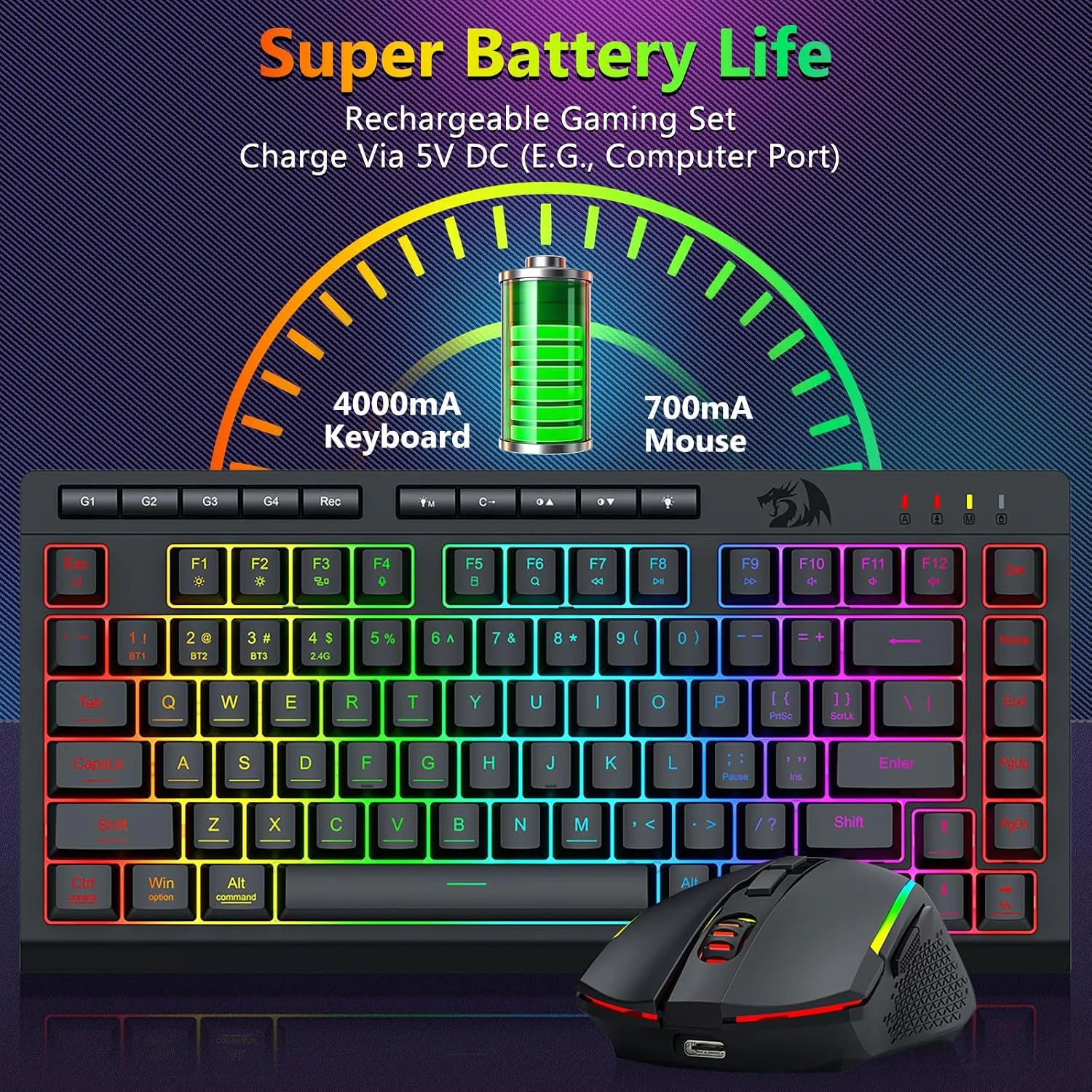 Redragon Wireless Gaming Keyboard and Mouse Combo, 75% Portable, Black