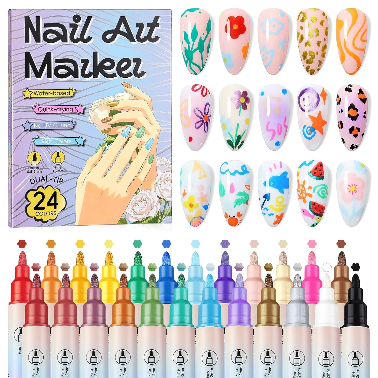SAVILAND 24 Colors Nail Art Pens Set, 0.5mm Dual Tip Nail Polish Pens