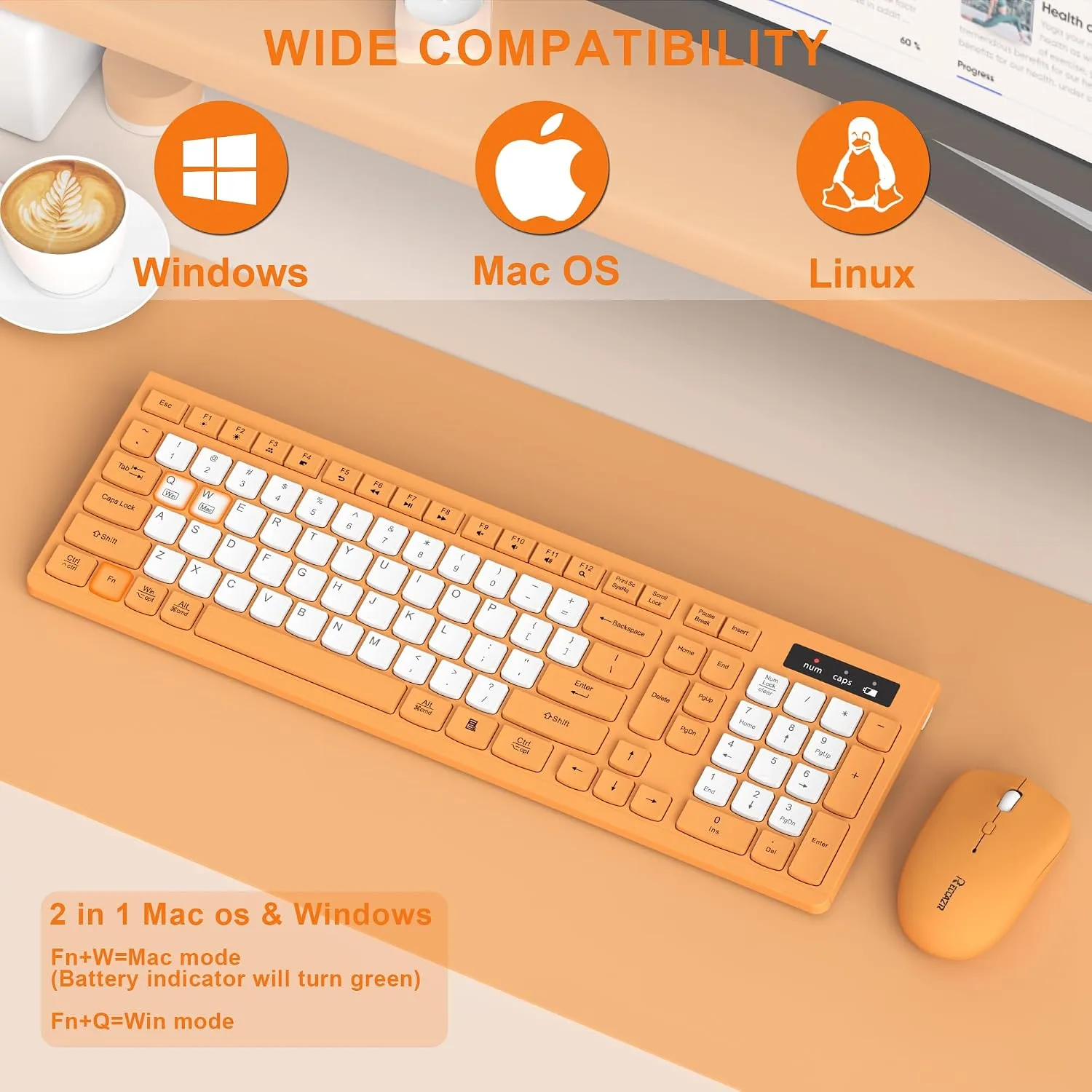 Wireless Keyboard and Mouse Combo Silent for Office and Home(Orange-B)