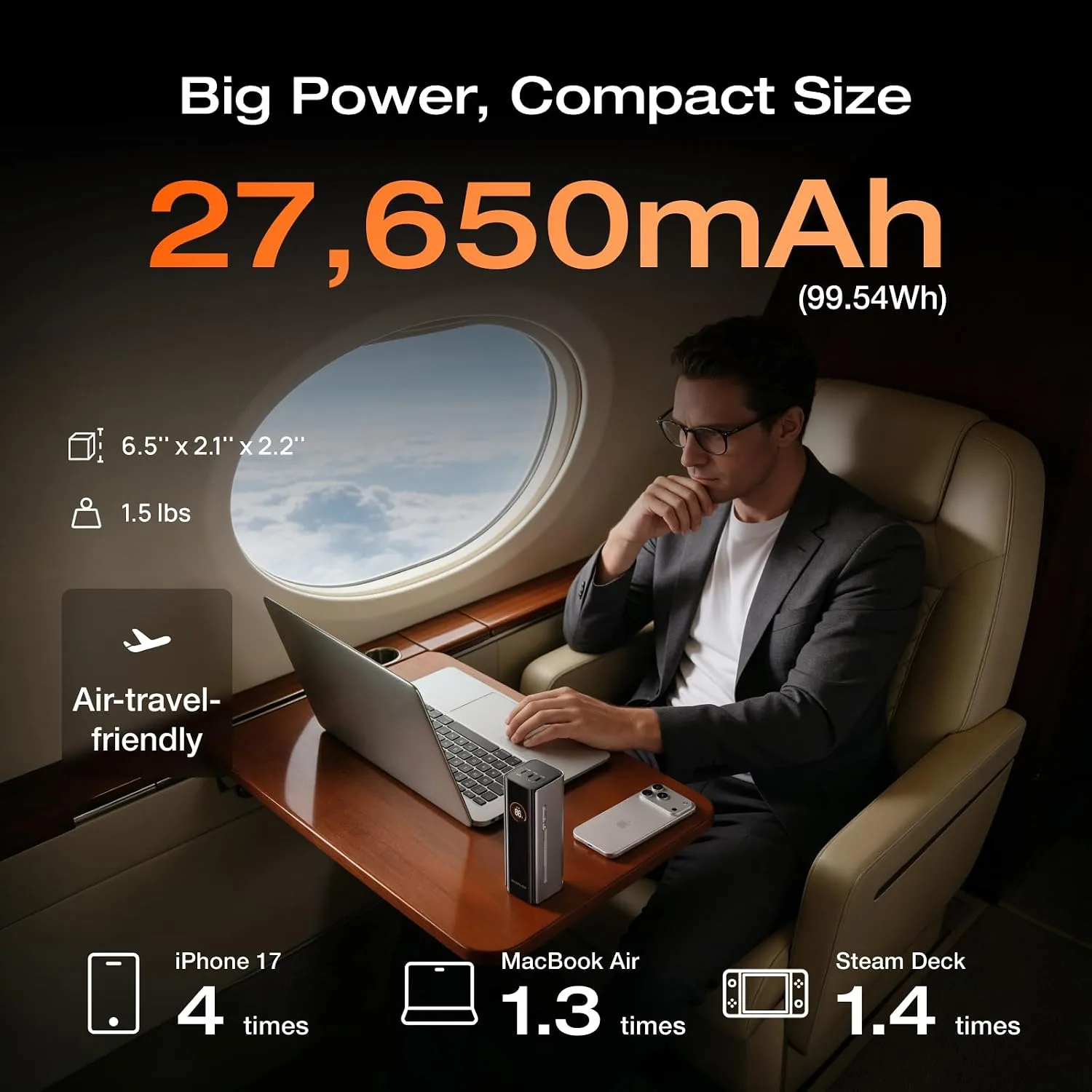 EF ECOFLOW Rapid Pro Power Bank, 4-Port with 300W Max Output, Portable Charger with 140W Built-in Cable, TSA-Approved, Smart APP, 3950x7mAh, for MacBook Pro/Air, iPhone 17/16 Series, Laptops, and More