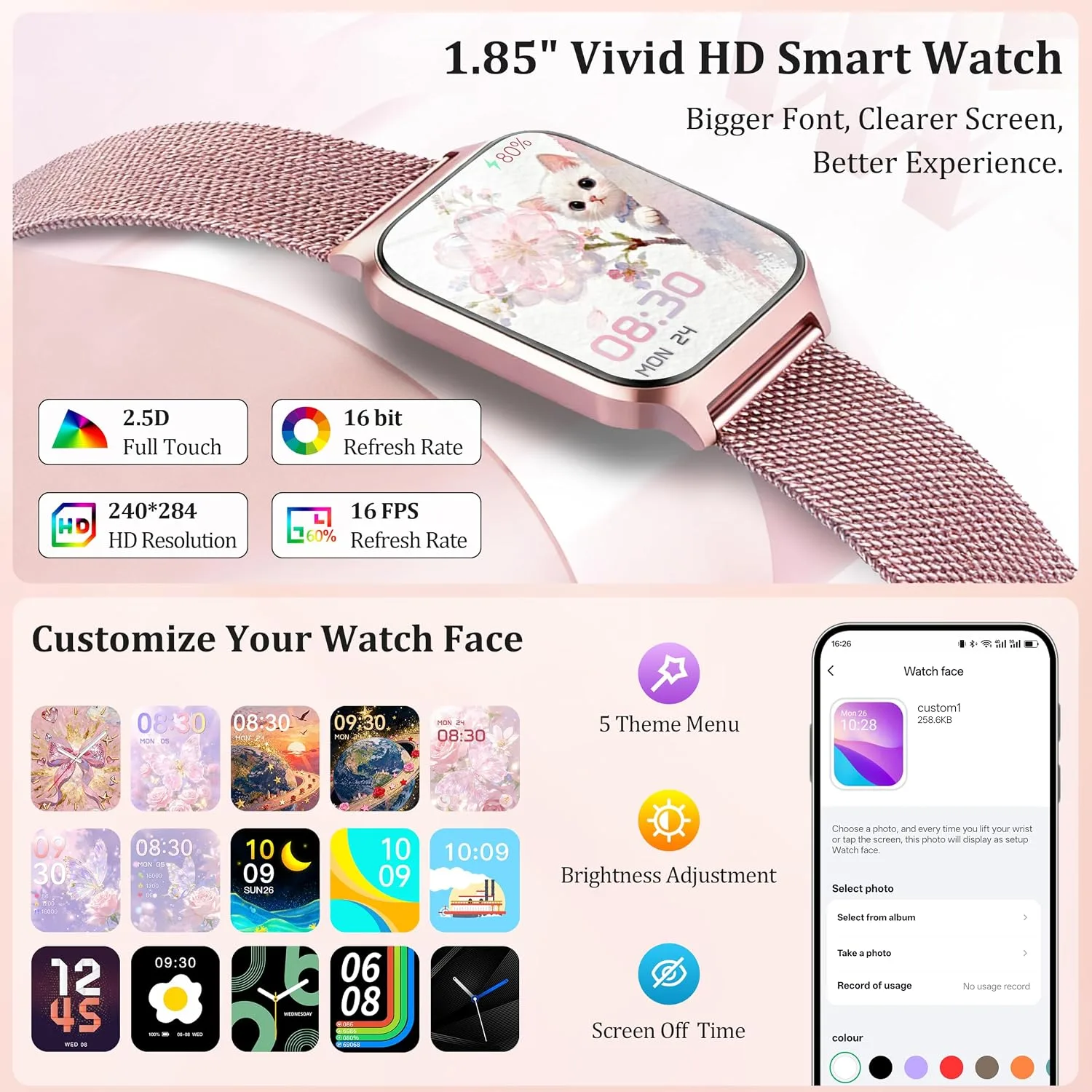 Smart Watch Women Men, 1.85" Reloj Inteligente para mujer hombre, Make/ Answer Call, Health Monitor/Blood Pressure, 110+ Sports Modes, Voice Control, IP68 Waterproof Compatible with Android & iPhone