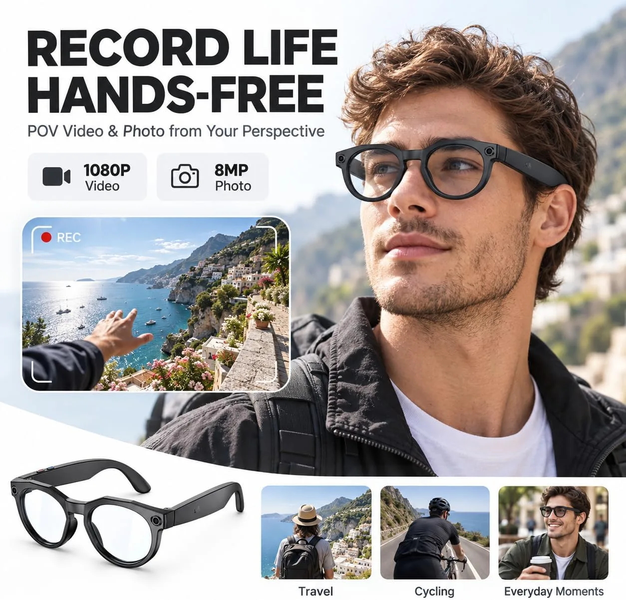 AI Smart Glasses with Camera: POV Vlogging Capture & Open-Ear Audio