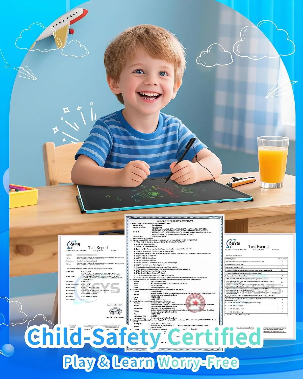 Rechargeable LCD Writing Tablet for Kids, 16 Inch Colorful Drawing Tablet, Educational Toddler Drawing Pad, ​Reusable Learning Toys for Kids (Ages 3-8), Ideal Gift for Christmas Birthday (Blue)