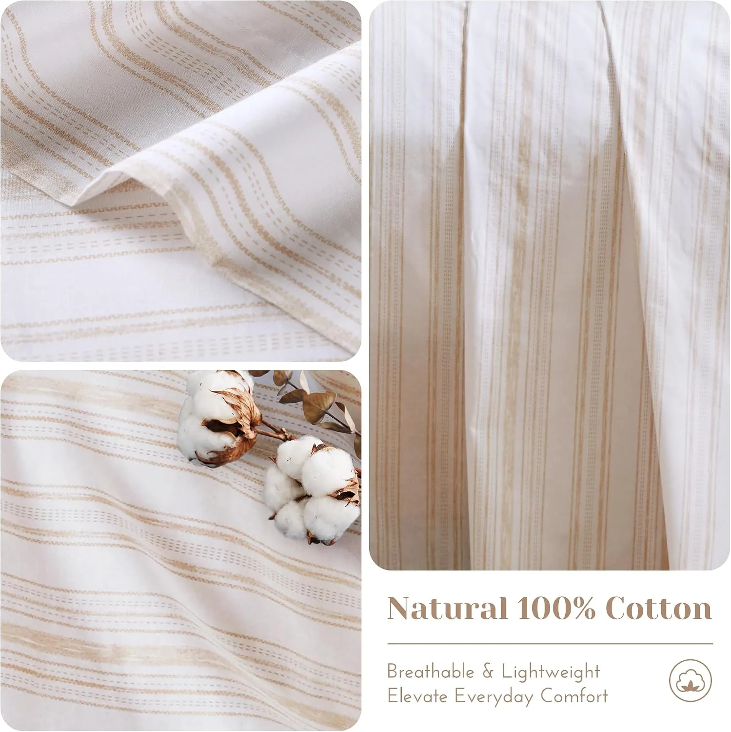 Comfort Spaces 100% Cotton Percale Sheet Set Queen 4 Pcs, Good Vibes Taupe