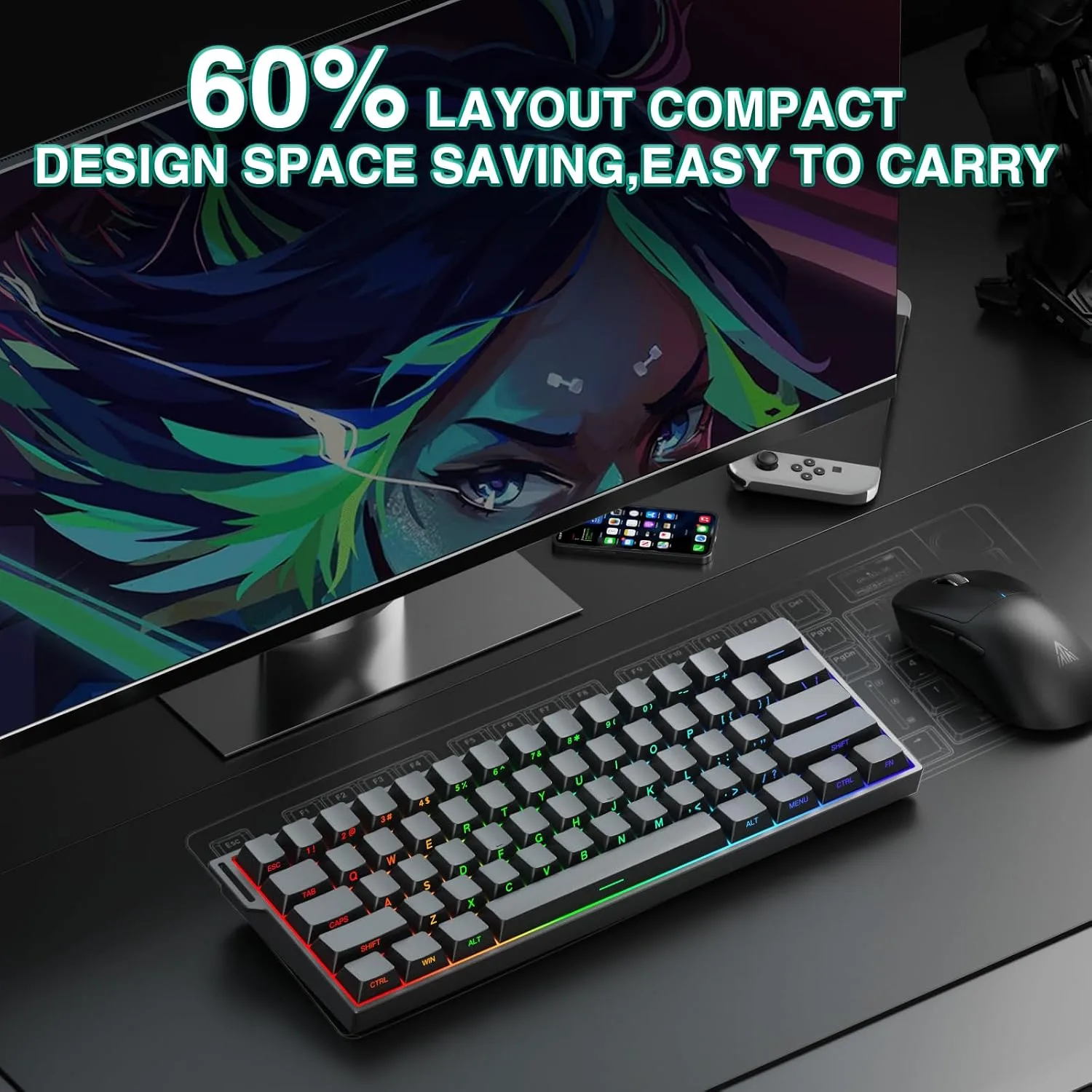 Aula MINI60 HE PRO Wireless Gaming Keyboard 60%,Hall Effect Rapid Trigger Magnetic Keyboard,8000Hz Polling,Tri-Mode(BT5.0/2.4GHz/USB-C),RGB Hot Swappable Compact Mechanical Keyboard for Gamer(Black)