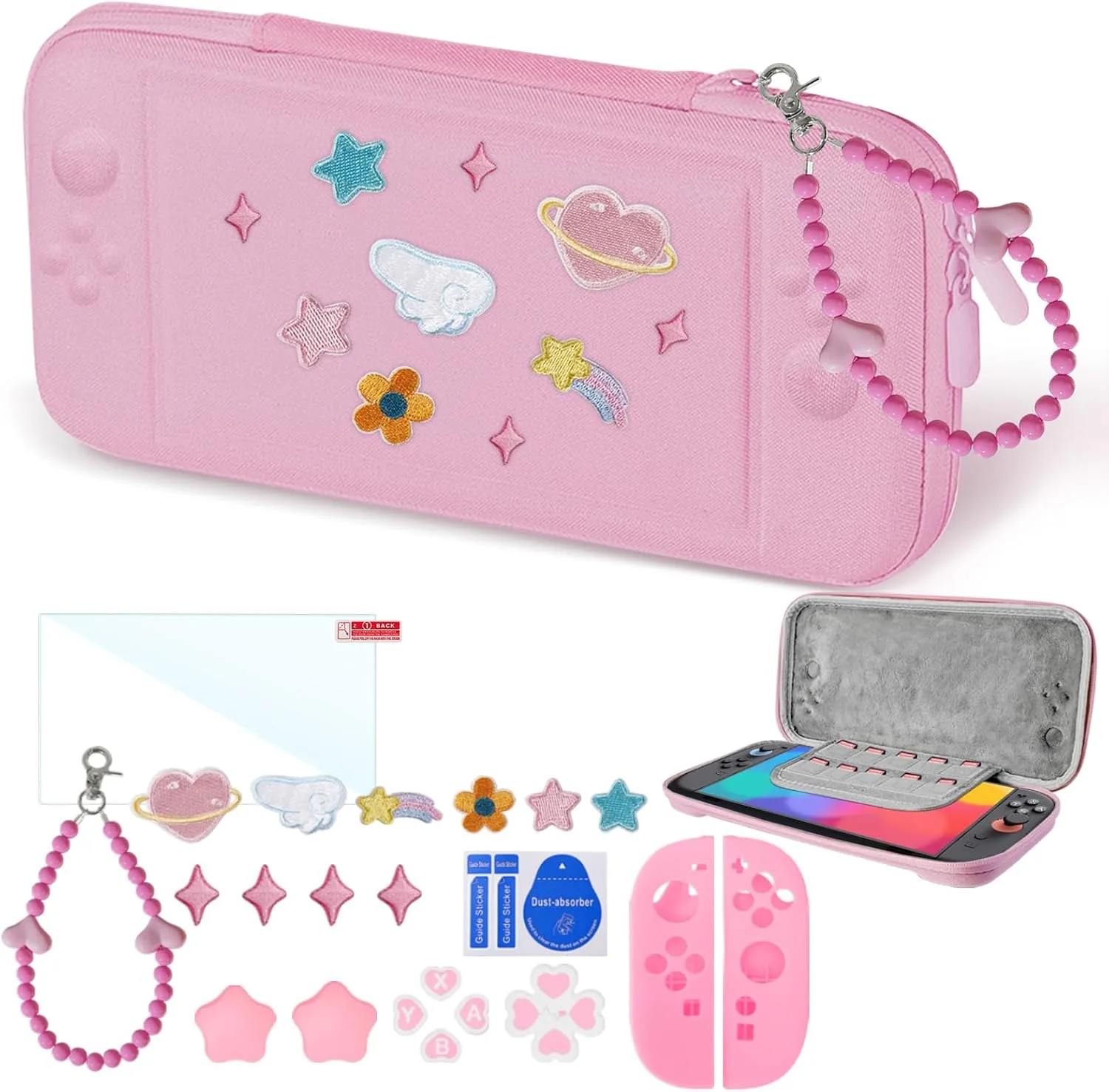 Cute Travel Carrying Case for Switch 2 2025 with Silicone j-con Covers, Thumb Grip Caps, Screen Protector, Love Heart Strap and Embroidery stickers for Girls Women, Pink