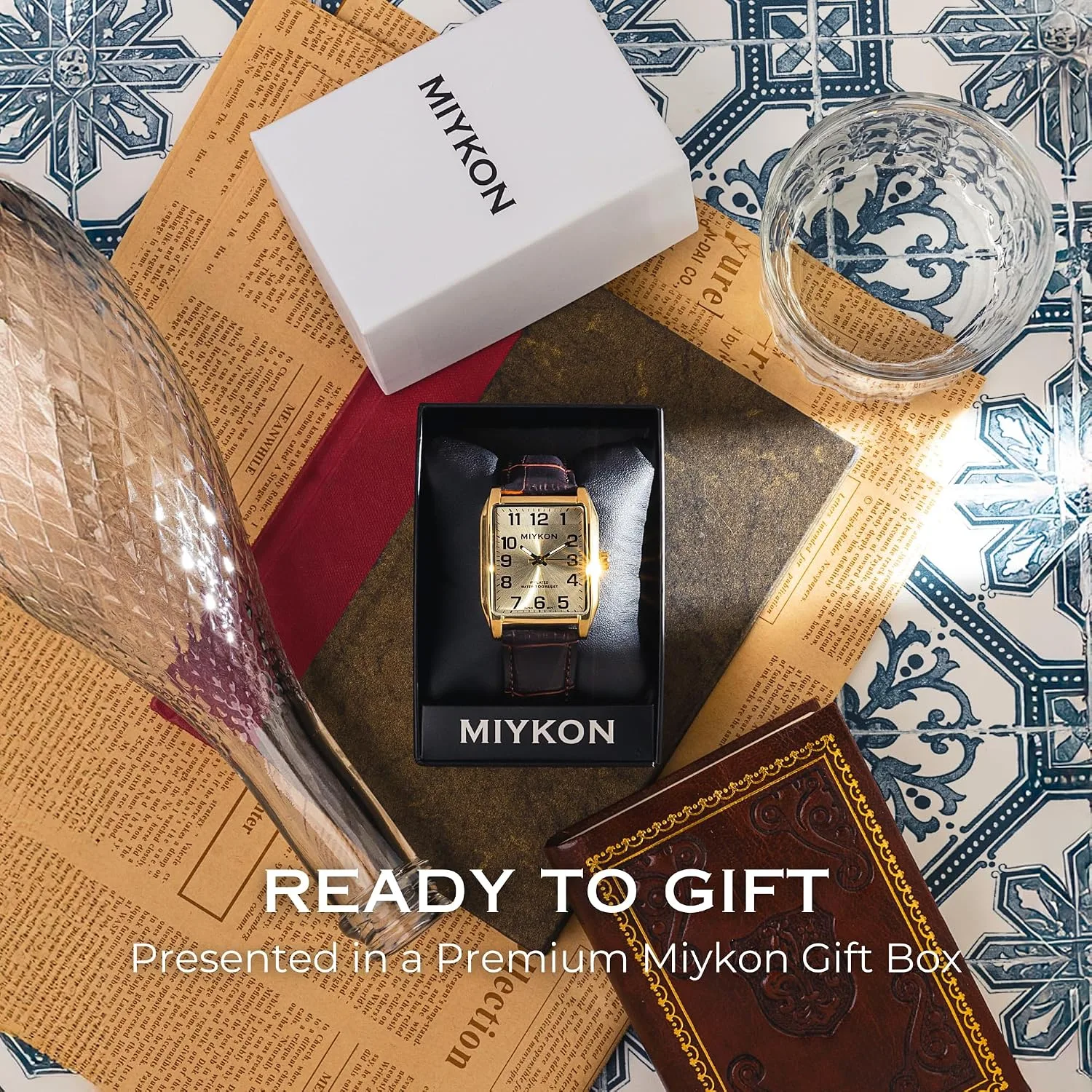 Miykon Men Vintage Tank Dress Watch, Genuine Leather Strap, Water Resistant