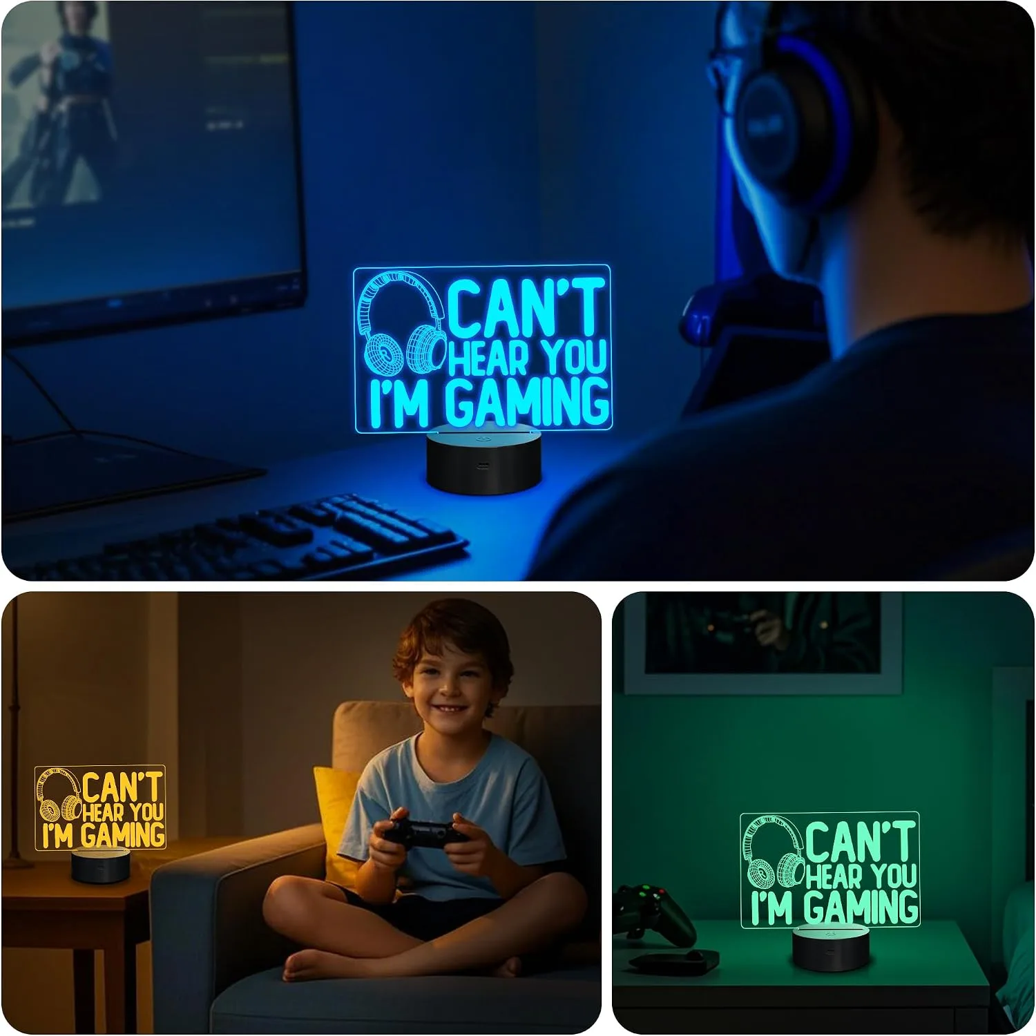 YuanDian Can't Hear You I'm Gaming Night Light, Headset Graphic Video Games Gamer Gift Funny 3D Illusion Lamp 16 Colors Changing Touch & Remote Control for Men Gamers Teenagers and Kids