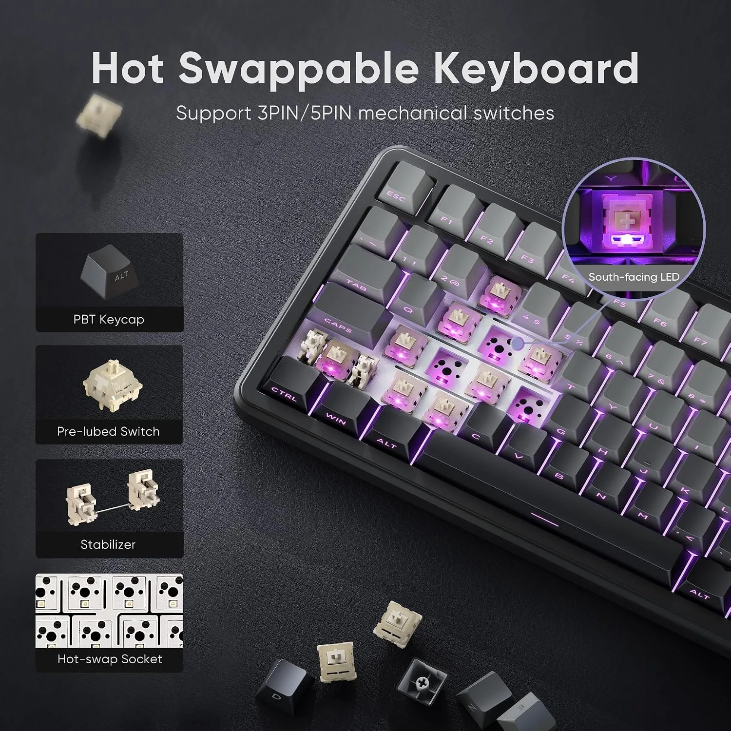 RedThunder K75 Wireless Mechanical Gaming Keyboard with Knob, 75% Layout Creamy Keyboard with Side RGB Light, Pre‑lubed Linear Switches, Side‑engraved PBT Keycaps, Wireless Wired BT 5.0, Gradient Gray