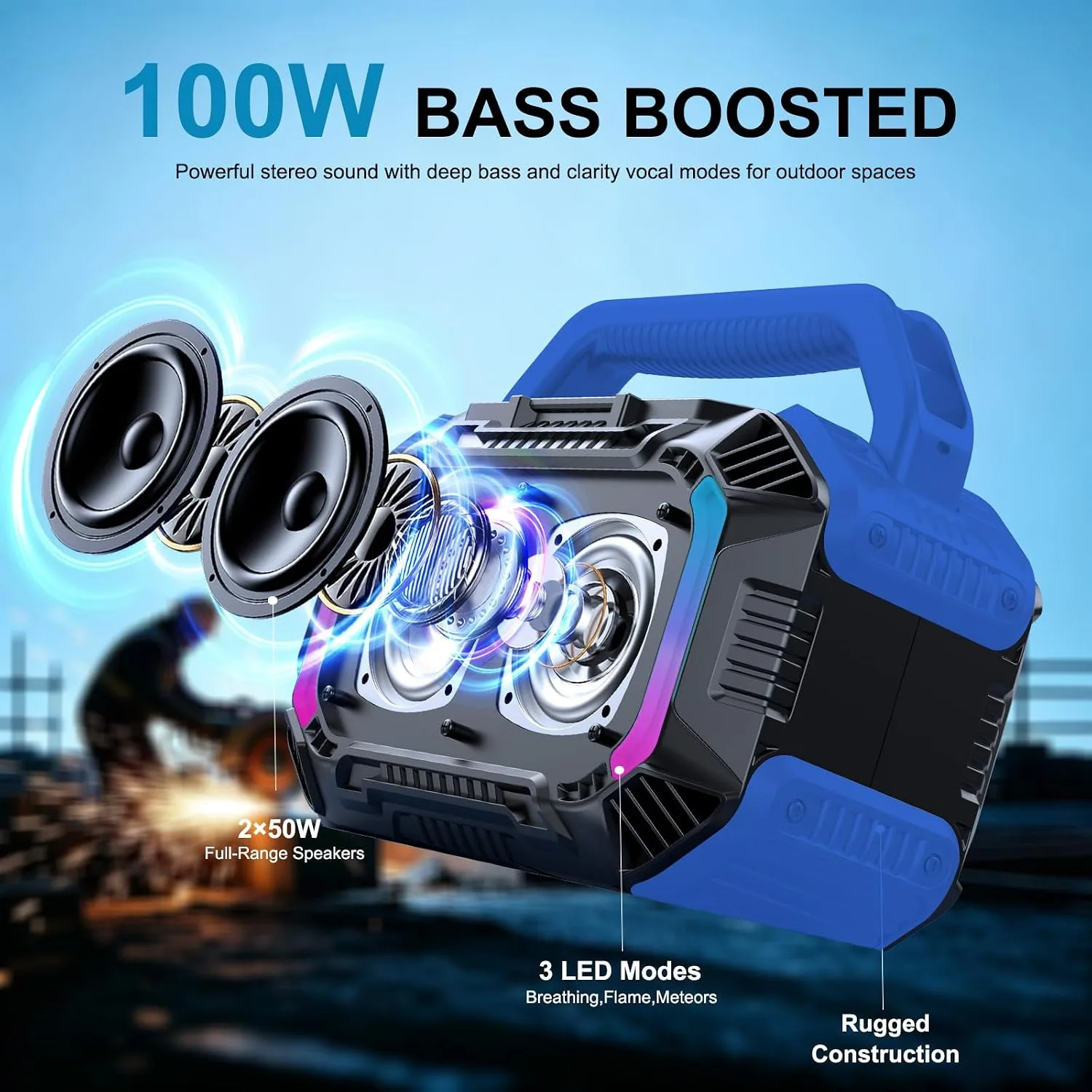 Speakers Bluetooth Wireless, 100W Portable Bluetooth Speaker with Bass, IPX7 Waterproof & Floatable, 20H Playtime, RGB Light, Loud Speakers with TWS for Work, Outdoor, Garage(L-Blue)