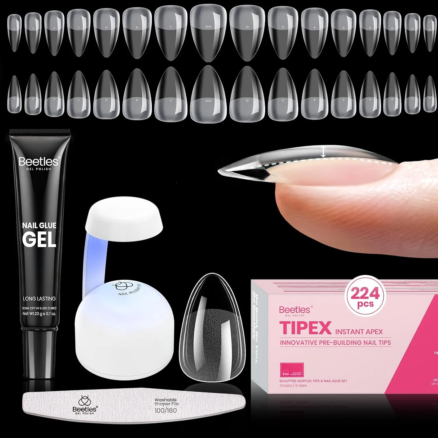 Kit de Tips para Uñas Beetles Tipex Instant Apex, Almendra Corto, 224 piezas 16 tamaños