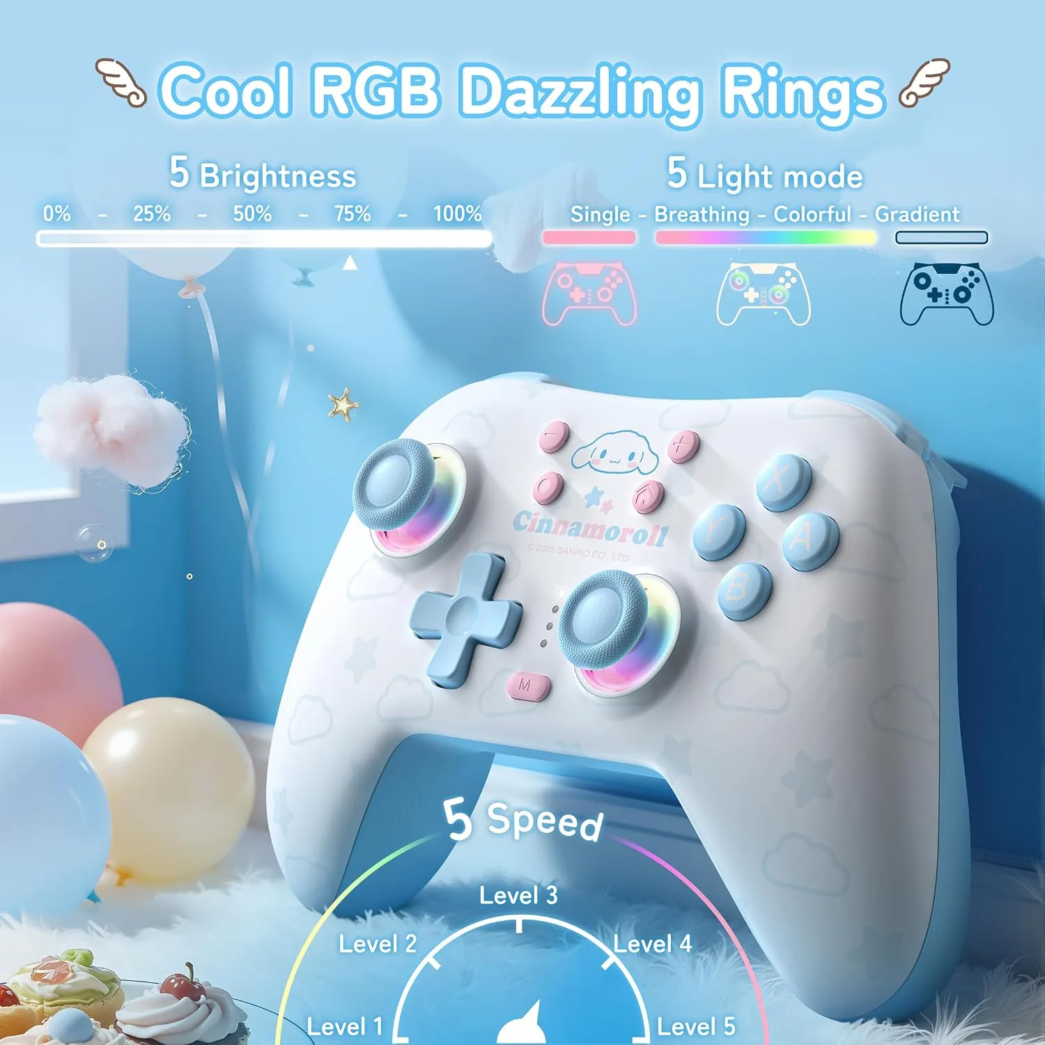 Kuitmor Cinnamoroll Switch Pro Controller, Cute Hall Effect Wireless Gamepad No Drift for Switch 2/Switch/OLED/Lite, PC/Steam, Android, iOS, Bluetooth + Wired, Turbo, Back Buttons, 6-Aixs Gyro, Wake-up, RGB (Blue, Without 2.4g Receiver)