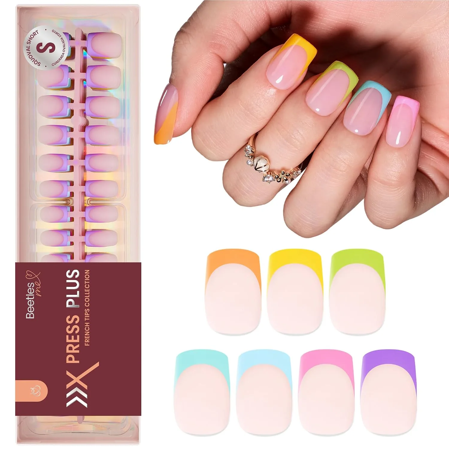 Beetles French Tip Press On Nails - Short Square 224 Pcs 7 Colors