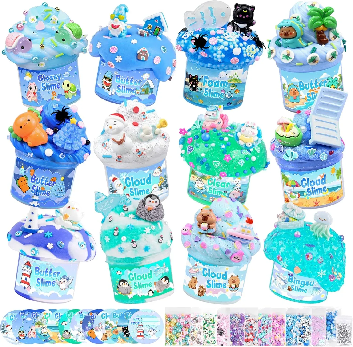 12-Pack Blue Slime Kit for Kids, Clear Butter Cloud Squishy Party Favor Set