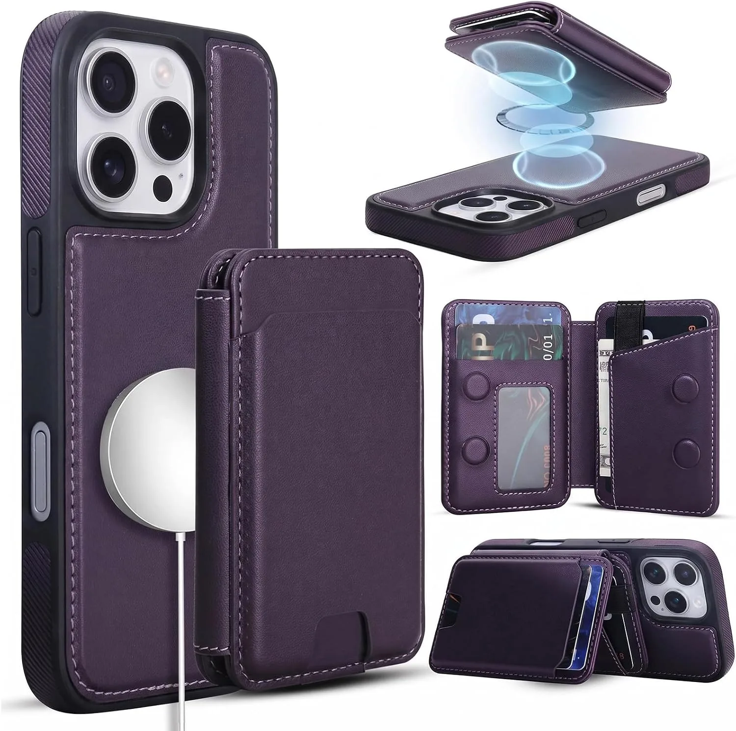 Magnetic Detachable Wallet Case for iPhone 16 Pro Max with Kickstand,2-in-1 MagSafe Compatible RFID Blocking Card Holder,Slim PU Leather Cover Purple