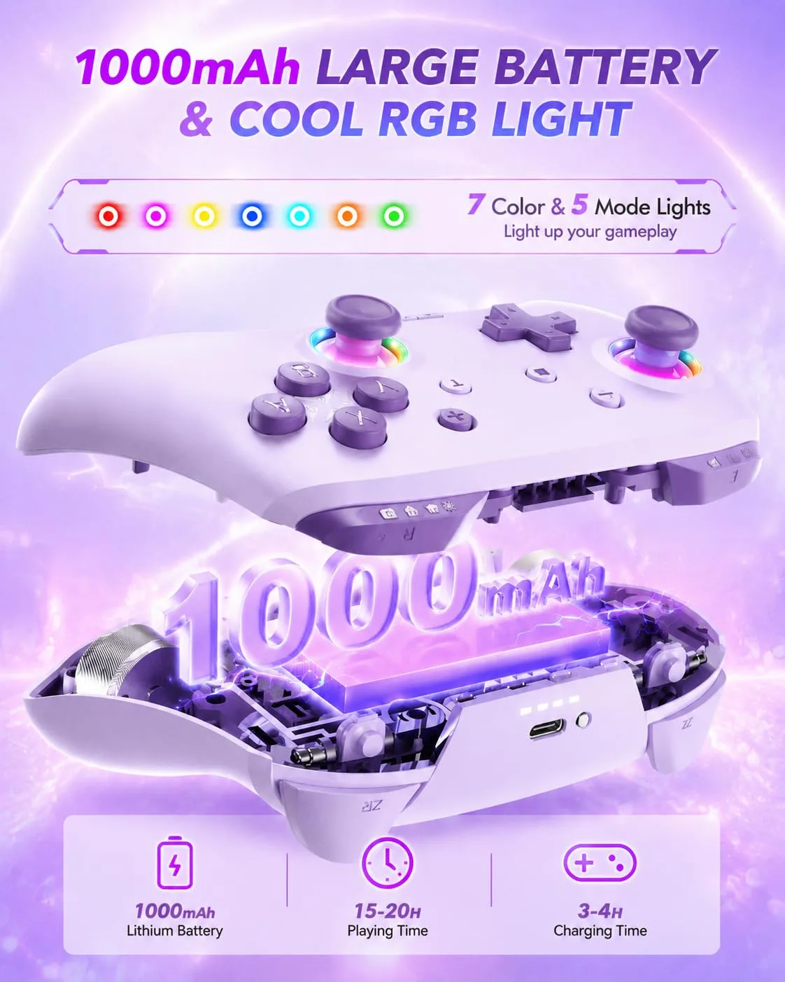 Switch Controller, Wireless Bluetooth Controller for Nintendo Switch 2/Switch/Lite/OLED, game controllers Compatible with iPhone/Mac/iPad/iOS/Android/Phone/PC/Steam and TV with Rotary Motors, RGB Hall Effect Joysticks/Macro Back Buttons/Turbo Modes/6-Axis/Motion/Wake up (Purple)