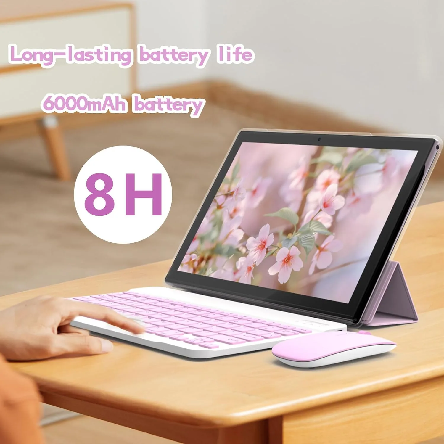 Tablet 2 in 1 Tablets 10 inch Android 15 Tablet Set with Keyboard Case Mouse Stylus Pen, 8GB+32GB Tablets 10.1" HD Touch Screen Tab, 2MP+8MP Dual Camera 6000mAh battery WiFi6 Bluetooth Tableta PC Pink